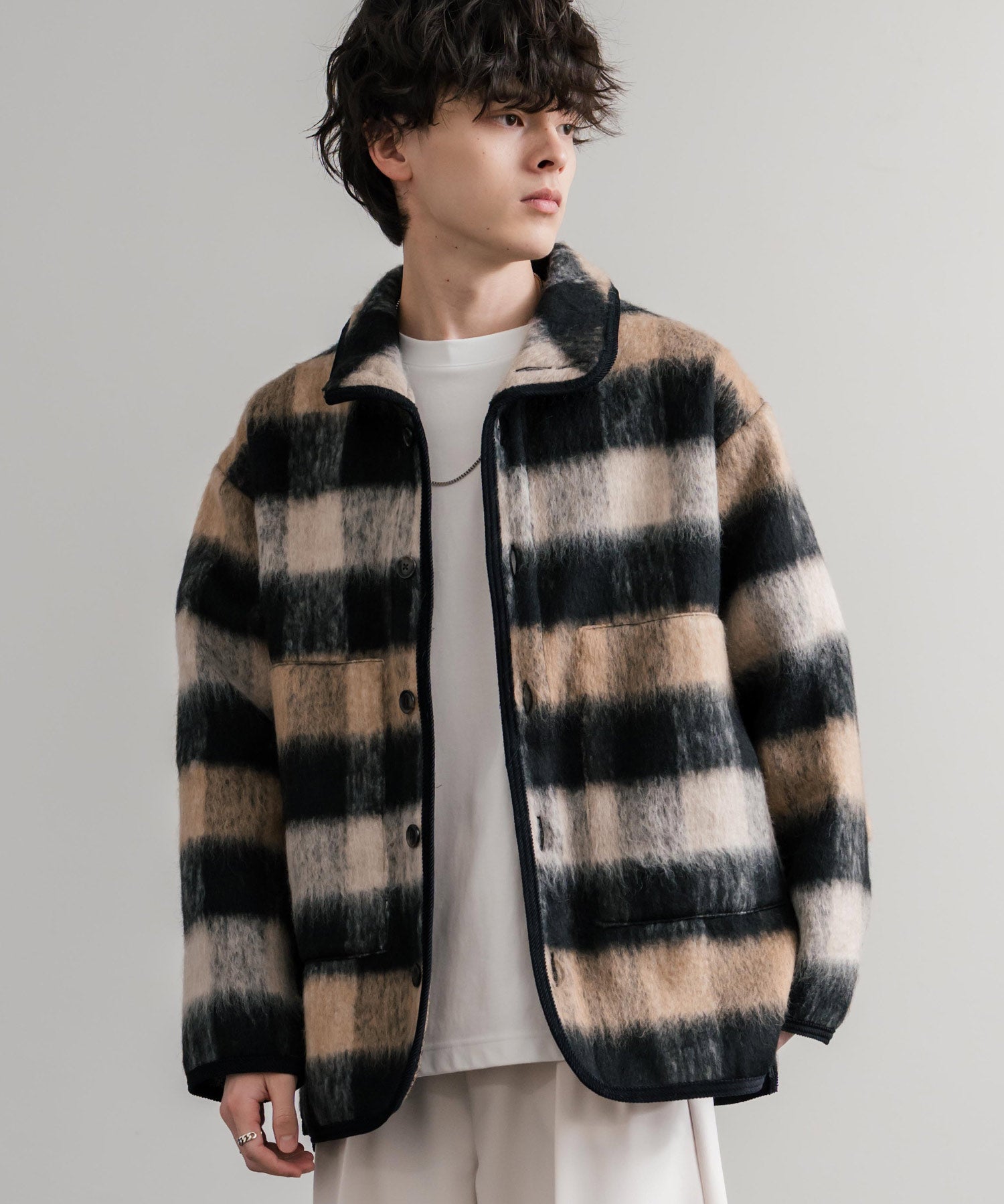 Upscape Audience アップスケープオーディエンス 日本製 国産 ECOLANAシャギーチェックスタンドオーバージャケット AUD7340 14898