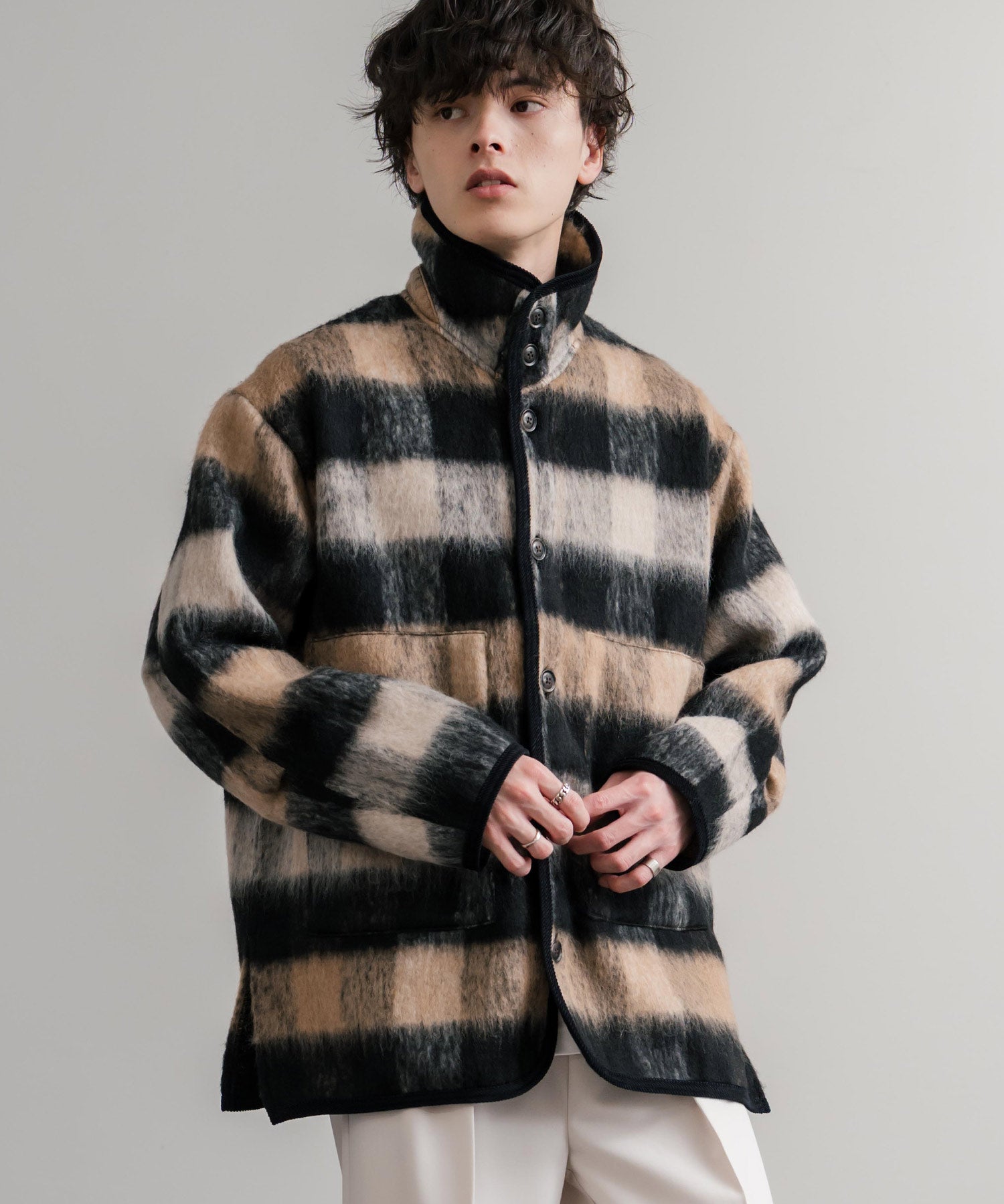 Upscape Audience アップスケープオーディエンス 日本製 国産 ECOLANAシャギーチェックスタンドオーバージャケット AUD7340 14898