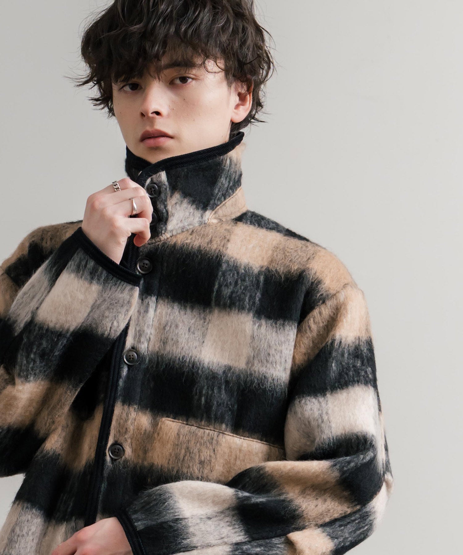 Upscape Audience アップスケープオーディエンス 日本製 国産 ECOLANAシャギーチェックスタンドオーバージャケット AUD7340 14898