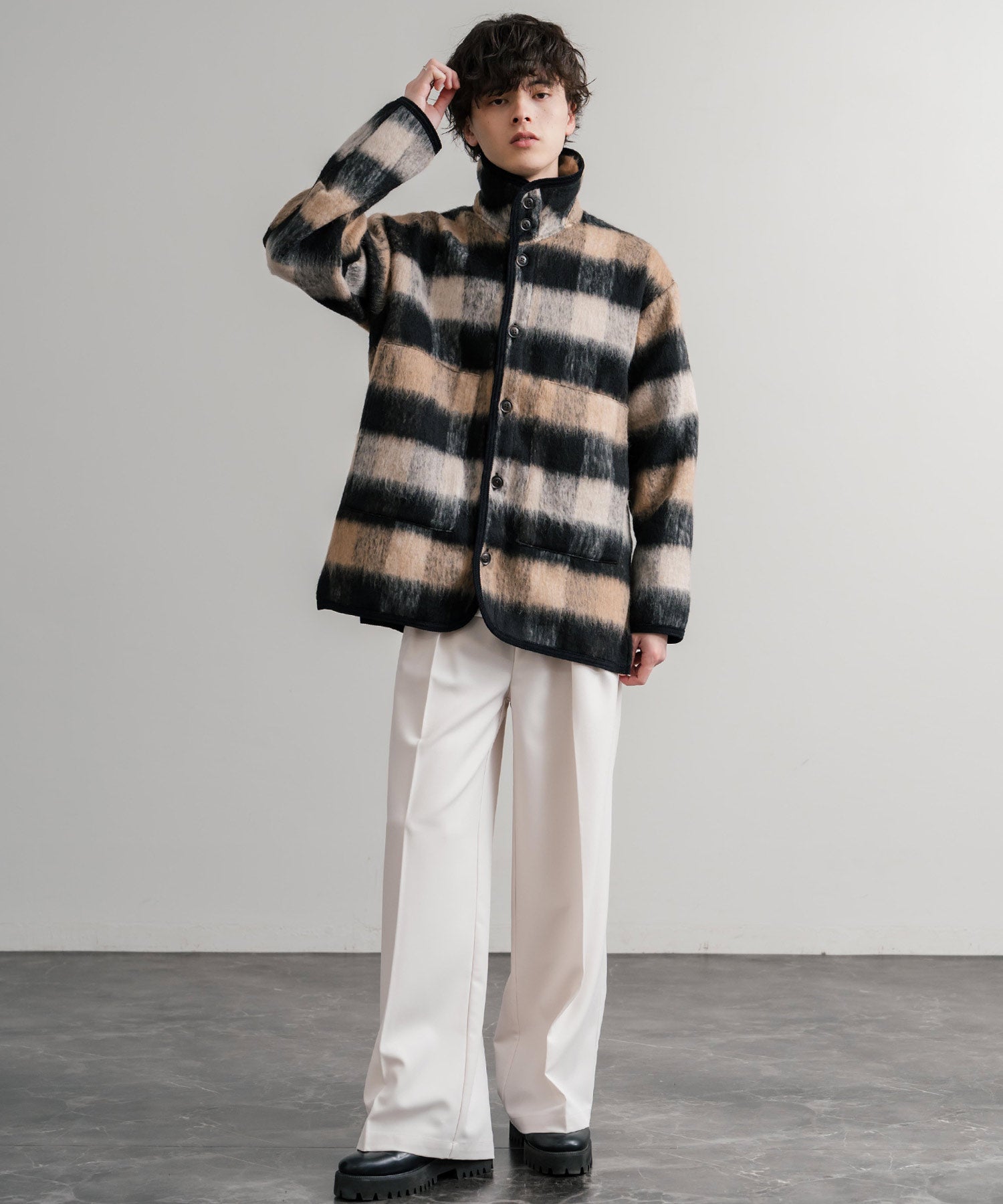 Upscape Audience アップスケープオーディエンス 日本製 国産 ECOLANAシャギーチェックスタンドオーバージャケット AUD7340 14898