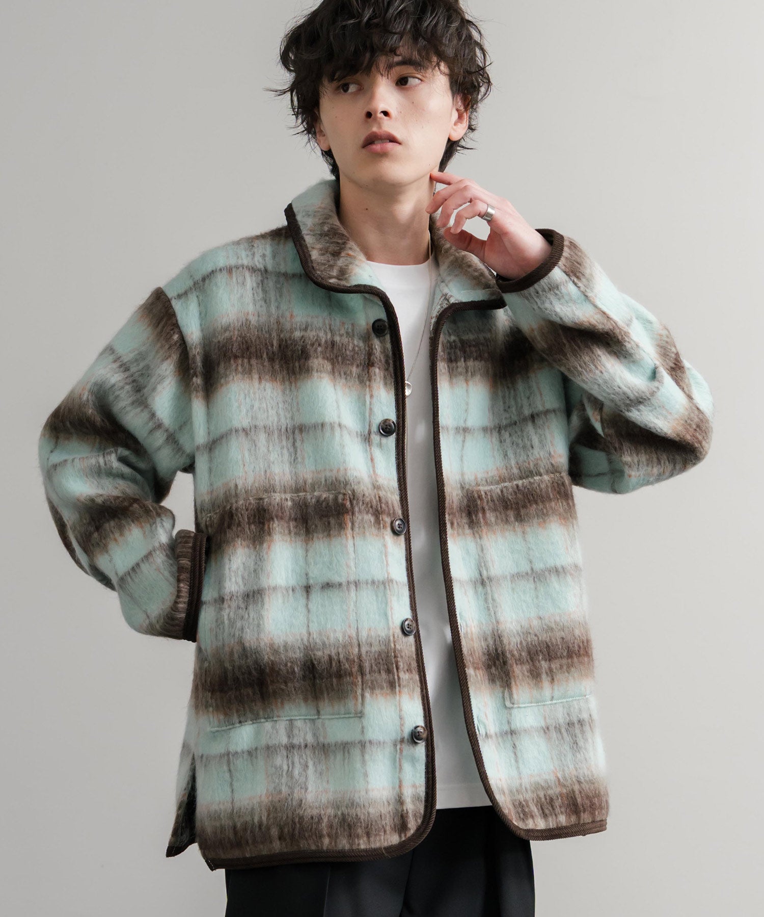 Upscape Audience アップスケープオーディエンス 日本製 国産 ECOLANAシャギーチェックスタンドオーバージャケット AUD7340 14898