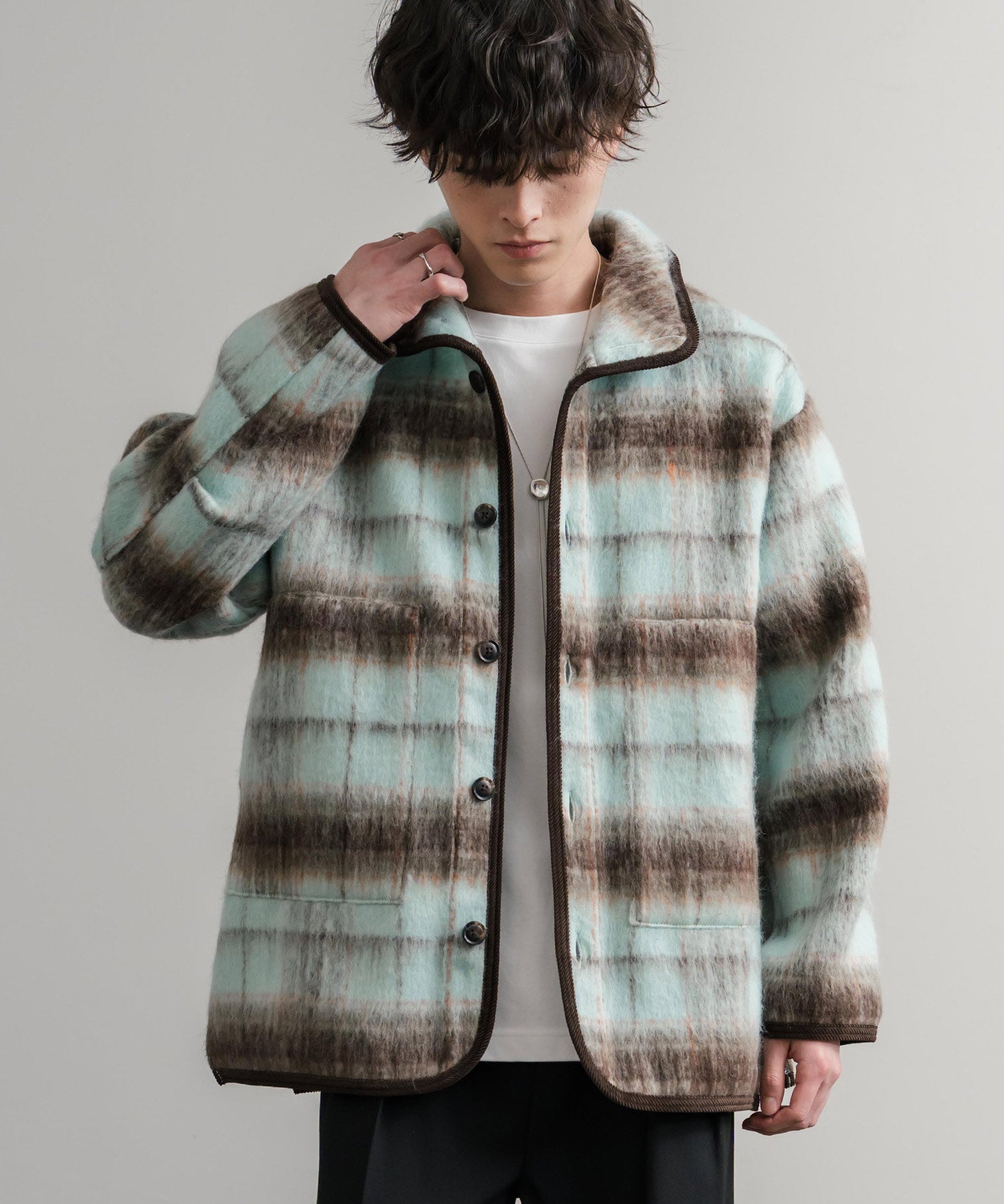 Upscape Audience アップスケープオーディエンス 日本製 国産 ECOLANAシャギーチェックスタンドオーバージャケット AUD7340 14898