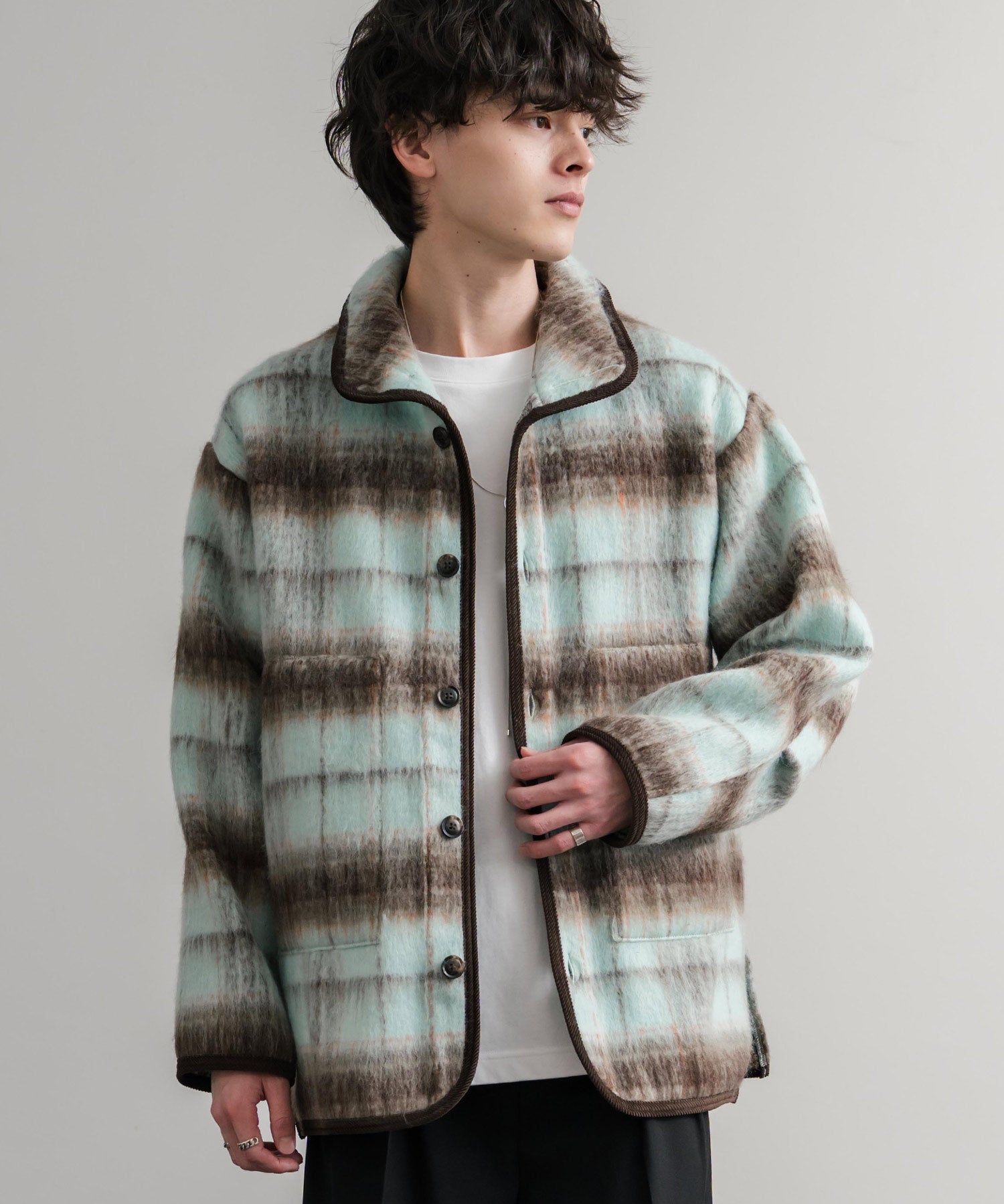 Upscape Audience アップスケープオーディエンス 日本製 国産 ECOLANAシャギーチェックスタンドオーバージャケット AUD7340 14898