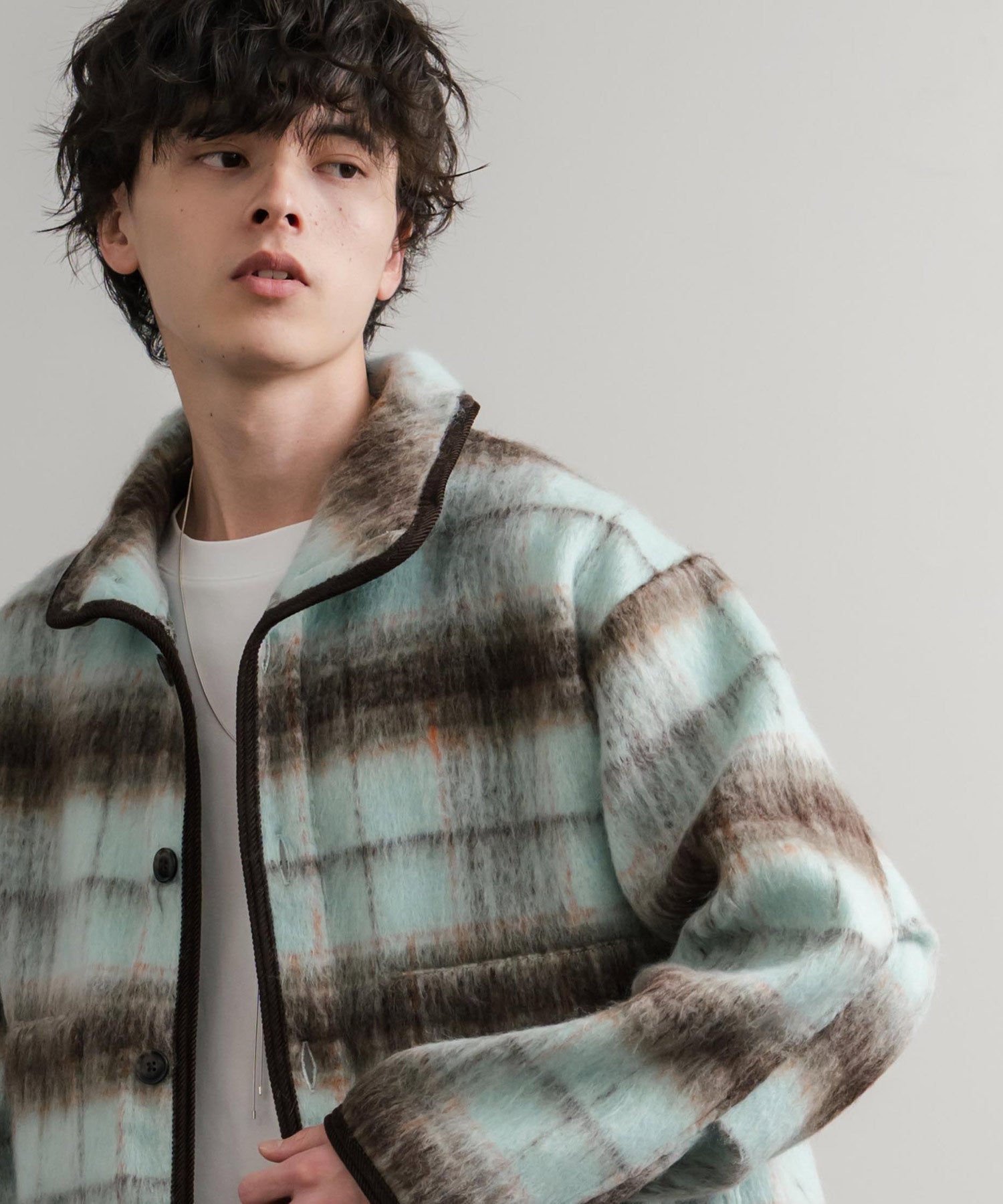 Upscape Audience アップスケープオーディエンス 日本製 国産 ECOLANAシャギーチェックスタンドオーバージャケット AUD7340 14898