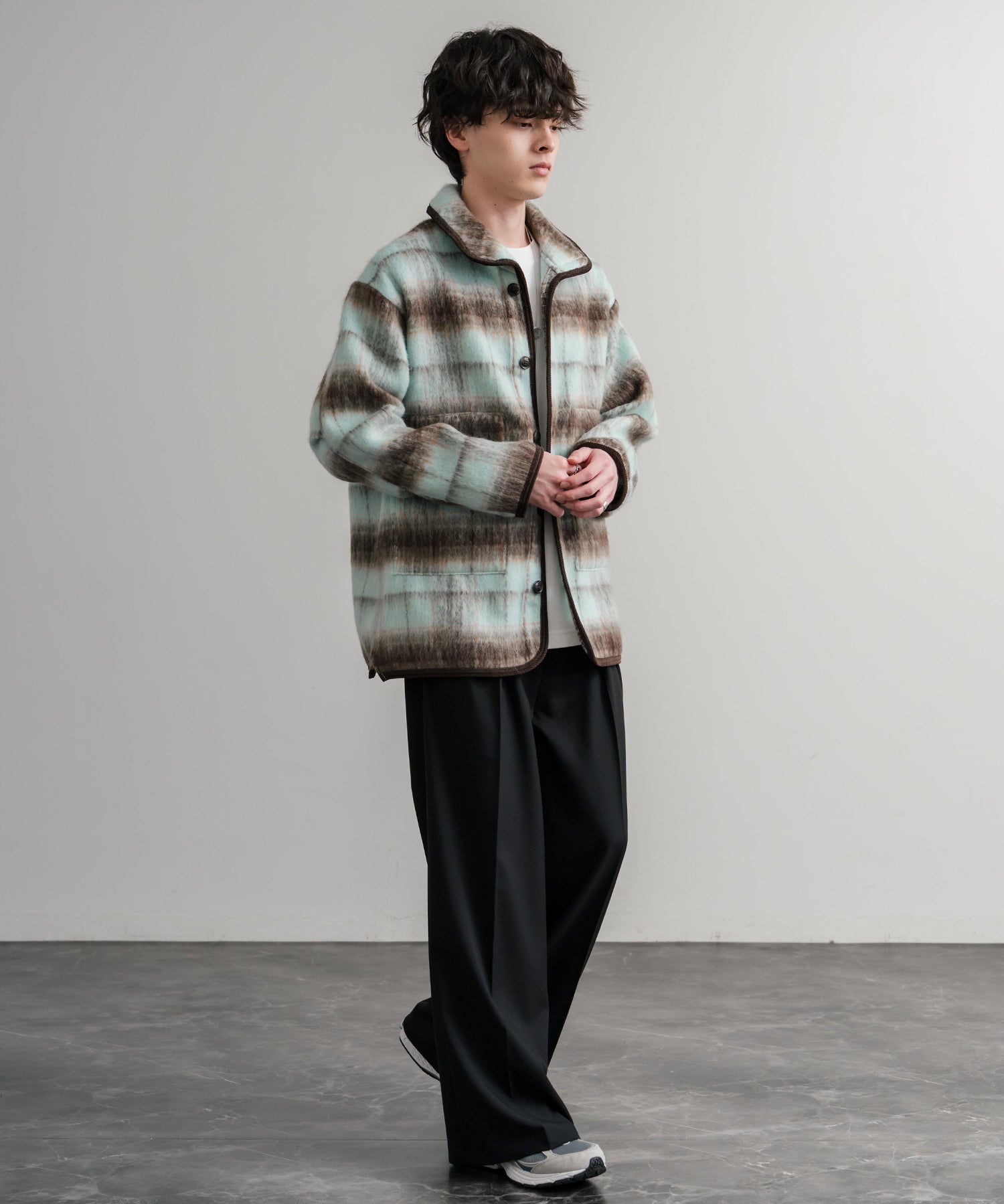 Upscape Audience アップスケープオーディエンス 日本製 国産 ECOLANAシャギーチェックスタンドオーバージャケット AUD7340 14898