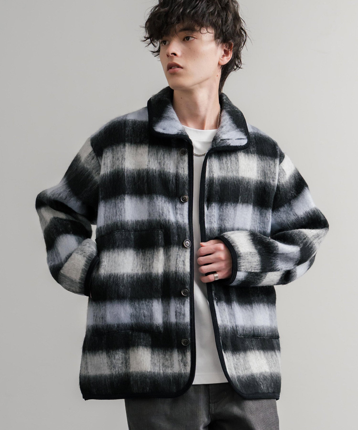 Upscape Audience アップスケープオーディエンス 日本製 国産 ECOLANAシャギーチェックスタンドオーバージャケット AUD7340 14898