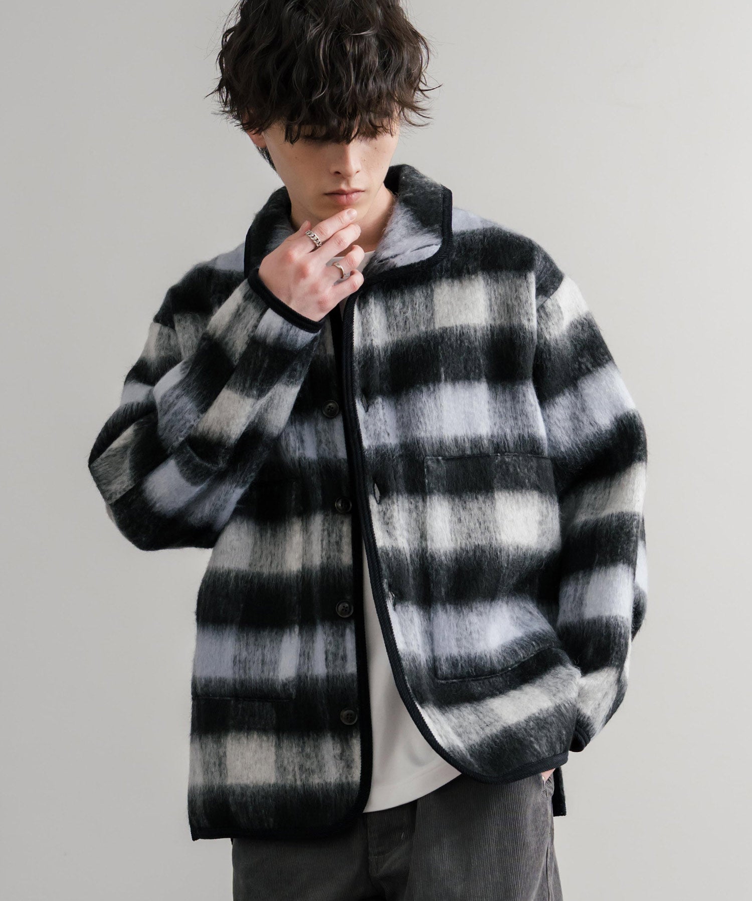 Upscape Audience アップスケープオーディエンス 日本製 国産 ECOLANAシャギーチェックスタンドオーバージャケット AUD7340 14898