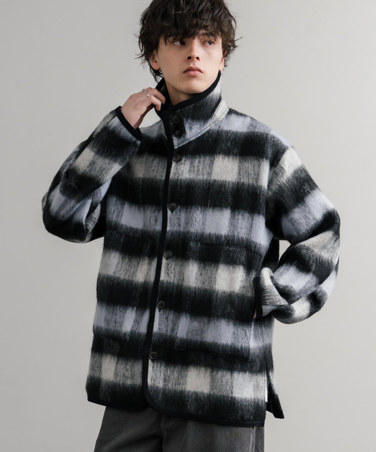 Upscape Audience アップスケープオーディエンス 日本製 国産 ECOLANAシャギーチェックスタンドオーバージャケット AUD7340 14898