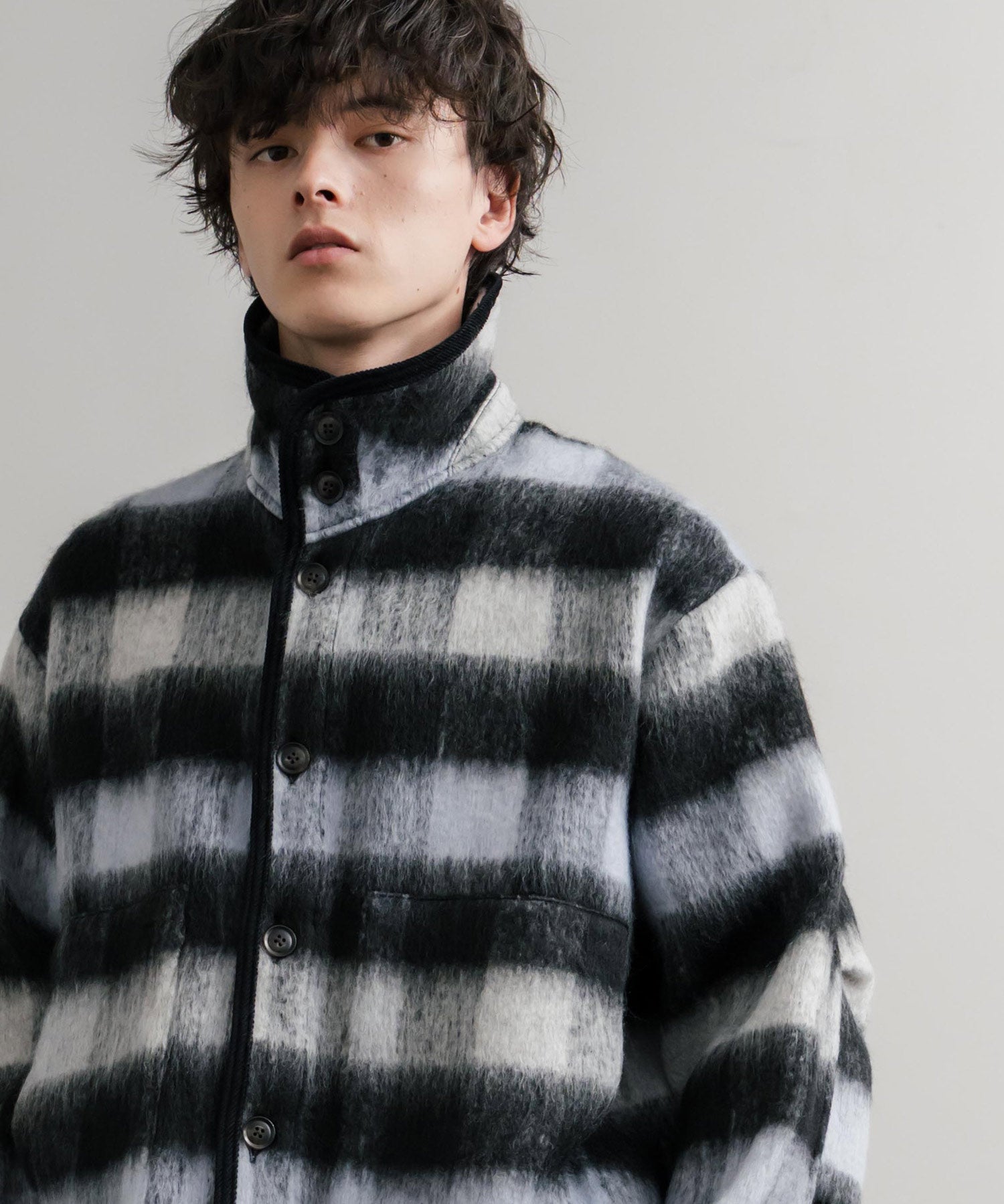 Upscape Audience アップスケープオーディエンス 日本製 国産 ECOLANAシャギーチェックスタンドオーバージャケット AUD7340 14898