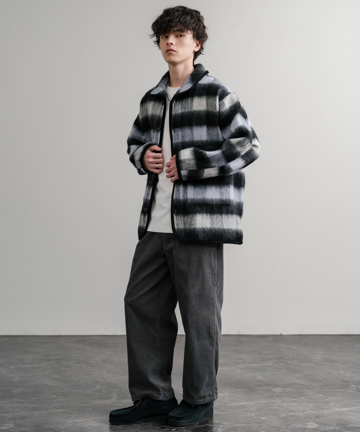 Upscape Audience アップスケープオーディエンス 日本製 国産 ECOLANAシャギーチェックスタンドオーバージャケット AUD7340 14898