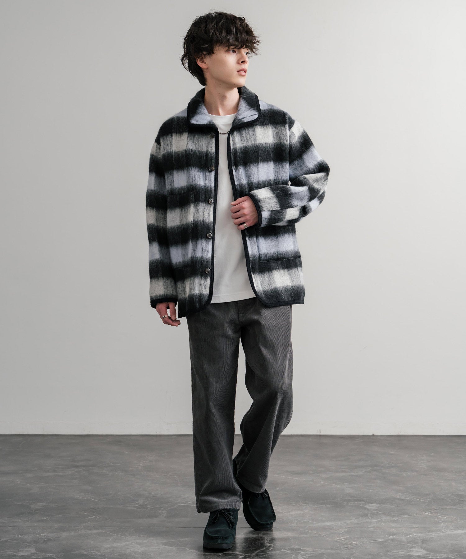 Upscape Audience アップスケープオーディエンス 日本製 国産 ECOLANAシャギーチェックスタンドオーバージャケット AUD7340 14898