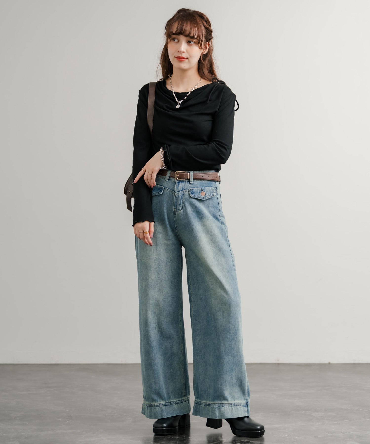 ルーズシルエットハイウエストワイドストレートデニムパンツ	14915