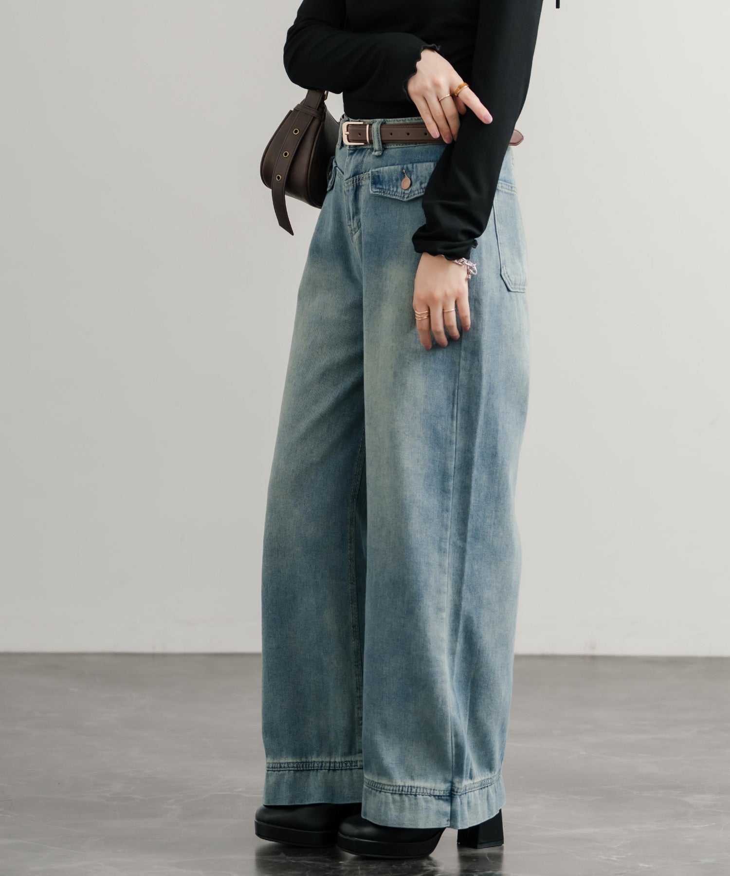 ルーズシルエットハイウエストワイドストレートデニムパンツ	14915