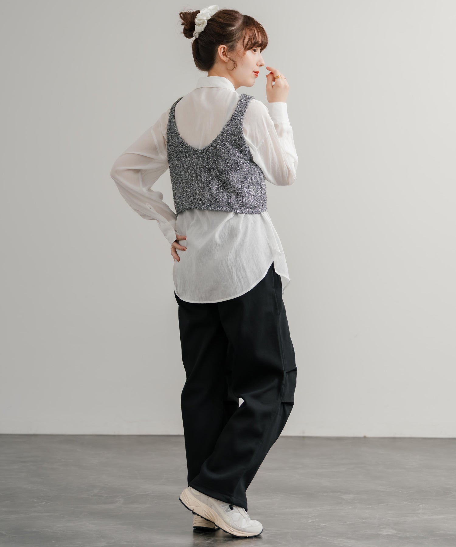 ハイウエストドレープワイド膝タックスウェットパラシュートパンツ 14922