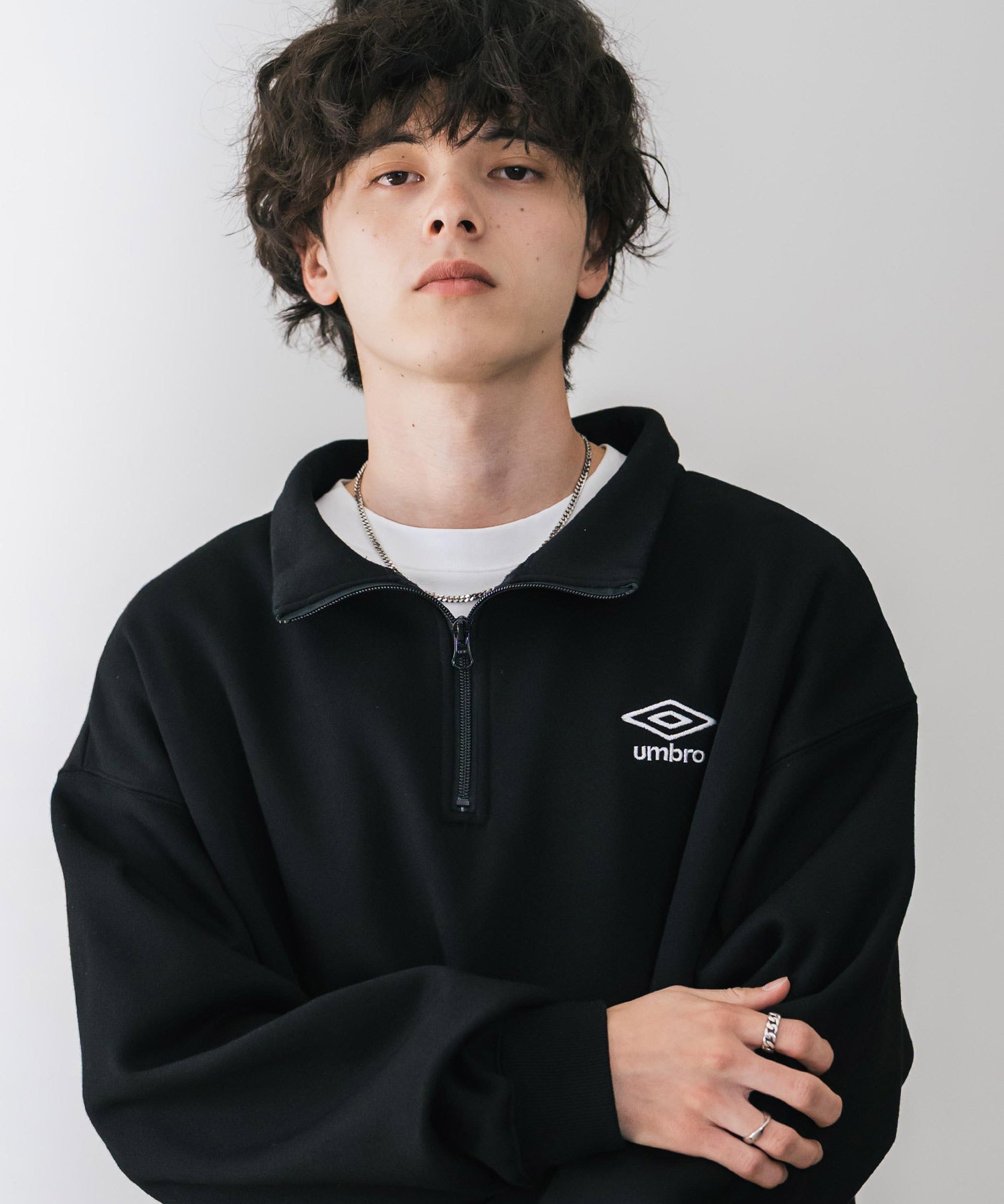 UMBRO アンブロ 別注コラボ オーバーサイズ裏起毛ワンポイントロゴ刺繍ハーフジッププルオーバースウェット 14942