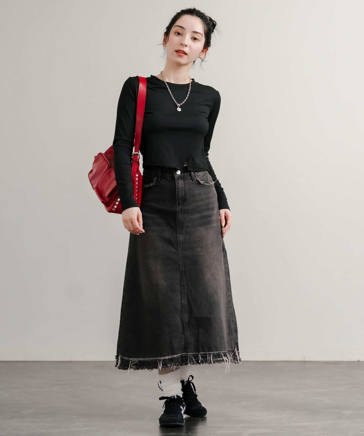 へそ出しショート丈 クロップド丈 切り替えロングTシャツ 14952