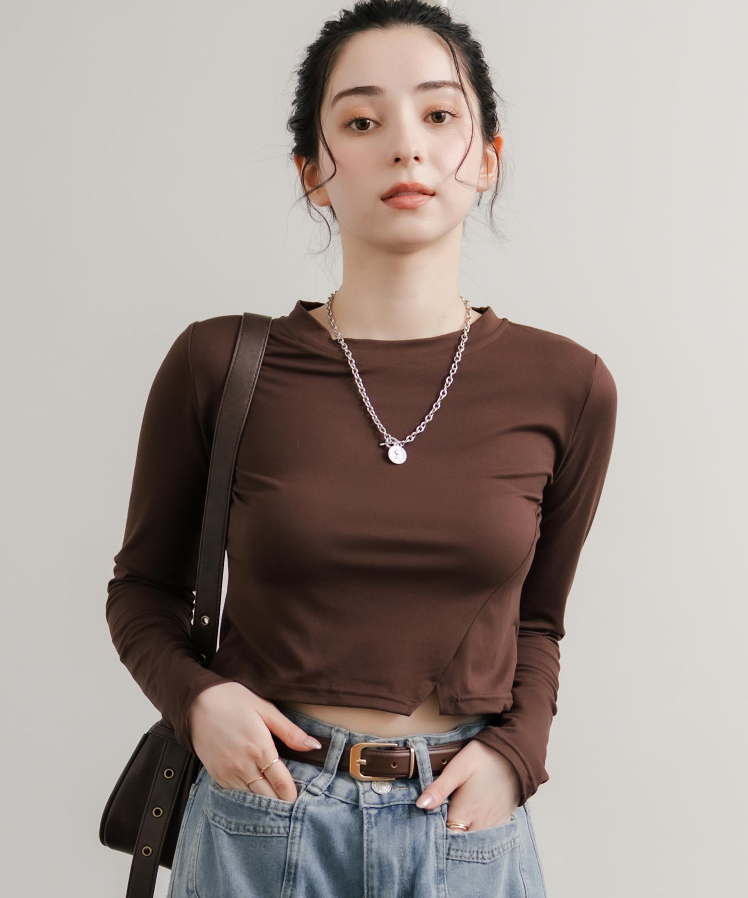 へそ出しショート丈 クロップド丈 切り替えロングTシャツ 14952
