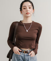 へそ出しショート丈 クロップド丈 切り替えロングTシャツ 14952