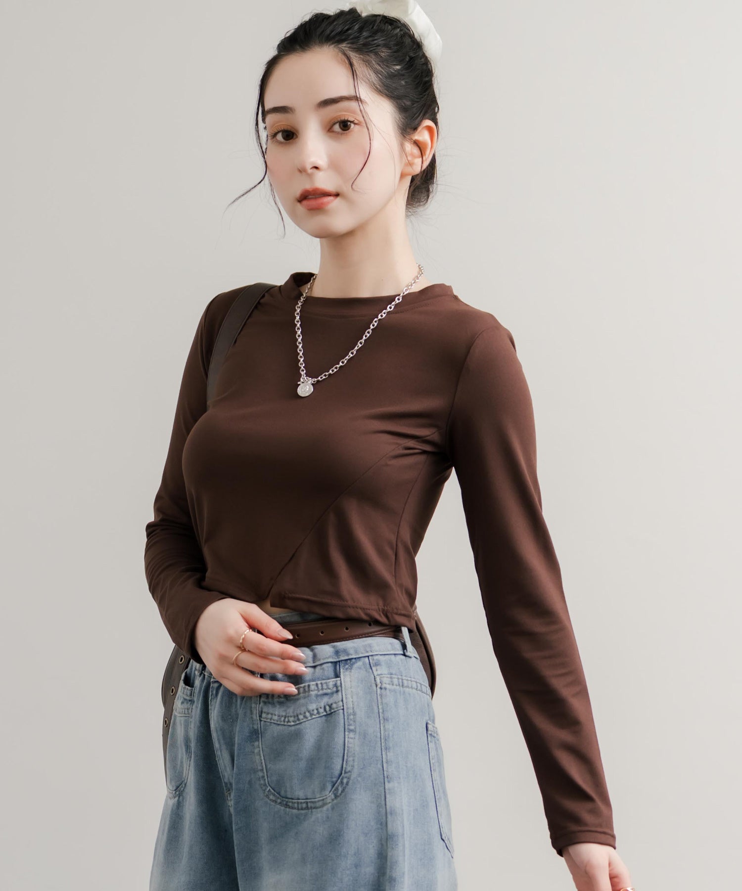 へそ出しショート丈 クロップド丈 切り替えロングTシャツ 14952