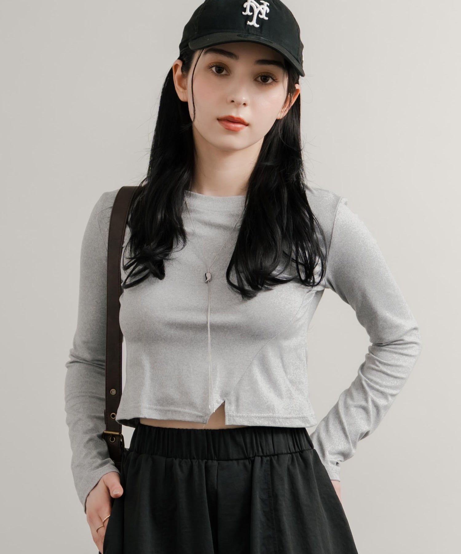 へそ出しショート丈 クロップド丈 切り替えロングTシャツ 14952