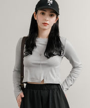 へそ出しショート丈 クロップド丈 切り替えロングTシャツ 14952