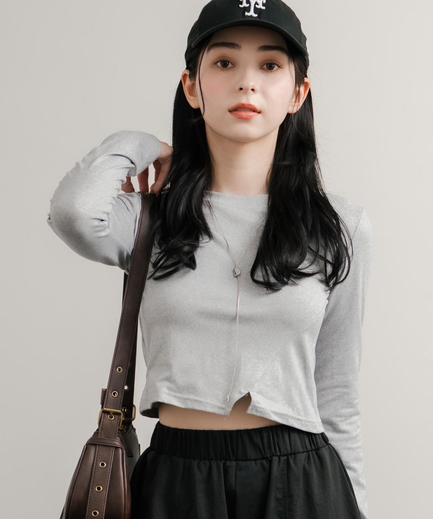 へそ出しショート丈 クロップド丈 切り替えロングTシャツ 14952