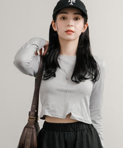 へそ出しショート丈 クロップド丈 切り替えロングTシャツ 14952