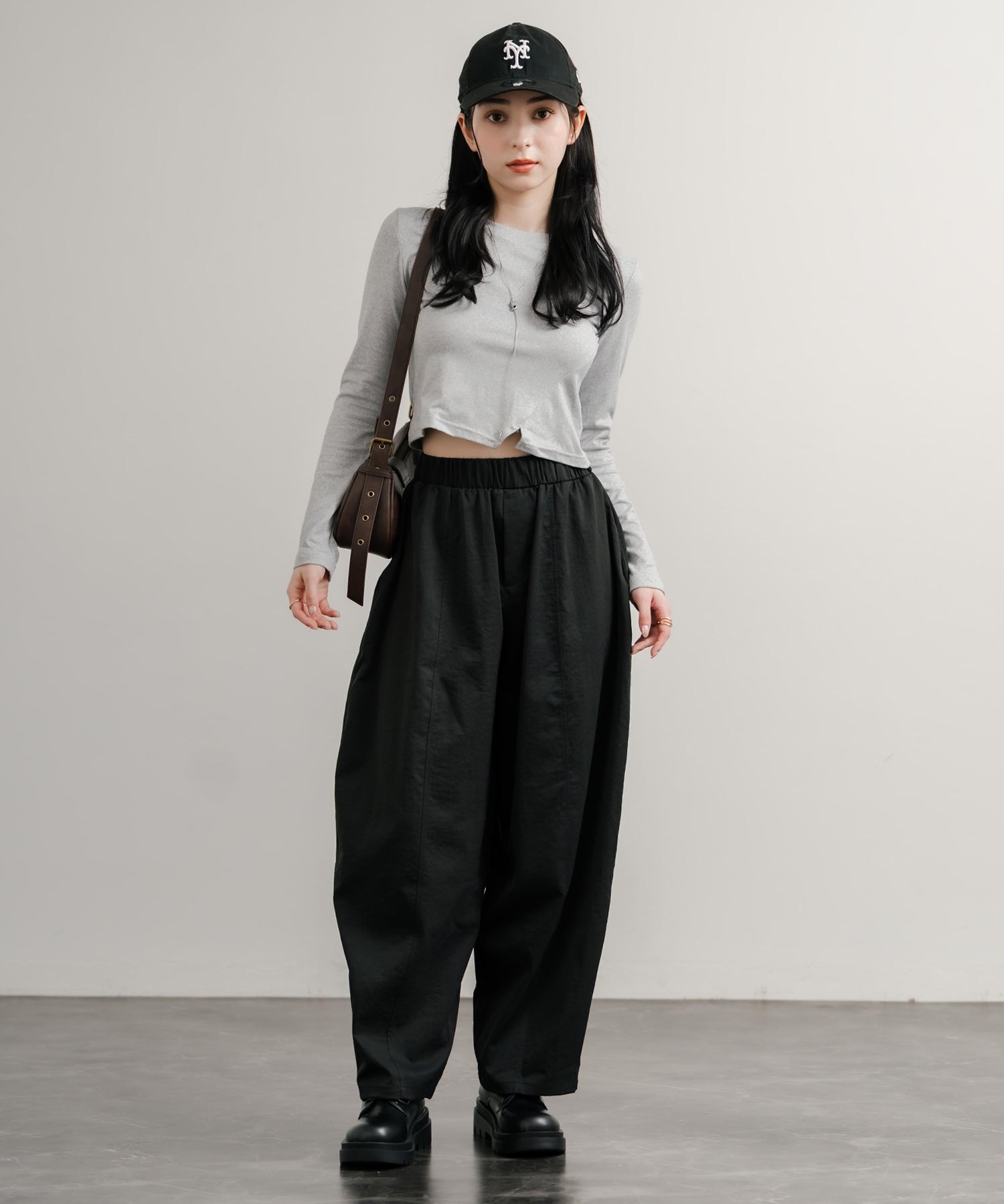 へそ出しショート丈 クロップド丈 切り替えロングTシャツ 14952
