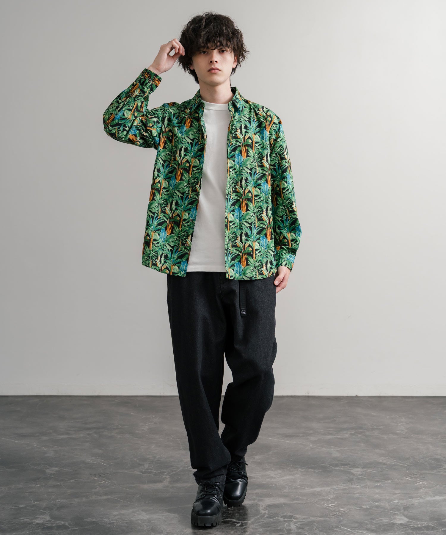 Upscape Audience 日本製/国産プリントブロードワンウォッシュレギュラーカラー長袖テーパードシャツ AUD6664 14960