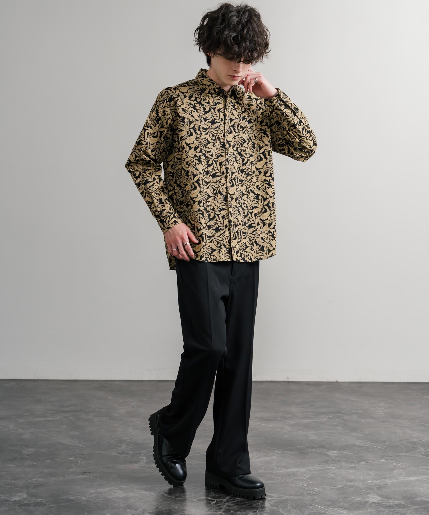 Upscape Audience 日本製/国産プリントブロードワンウォッシュレギュラーカラー長袖テーパードシャツ AUD6664 14960