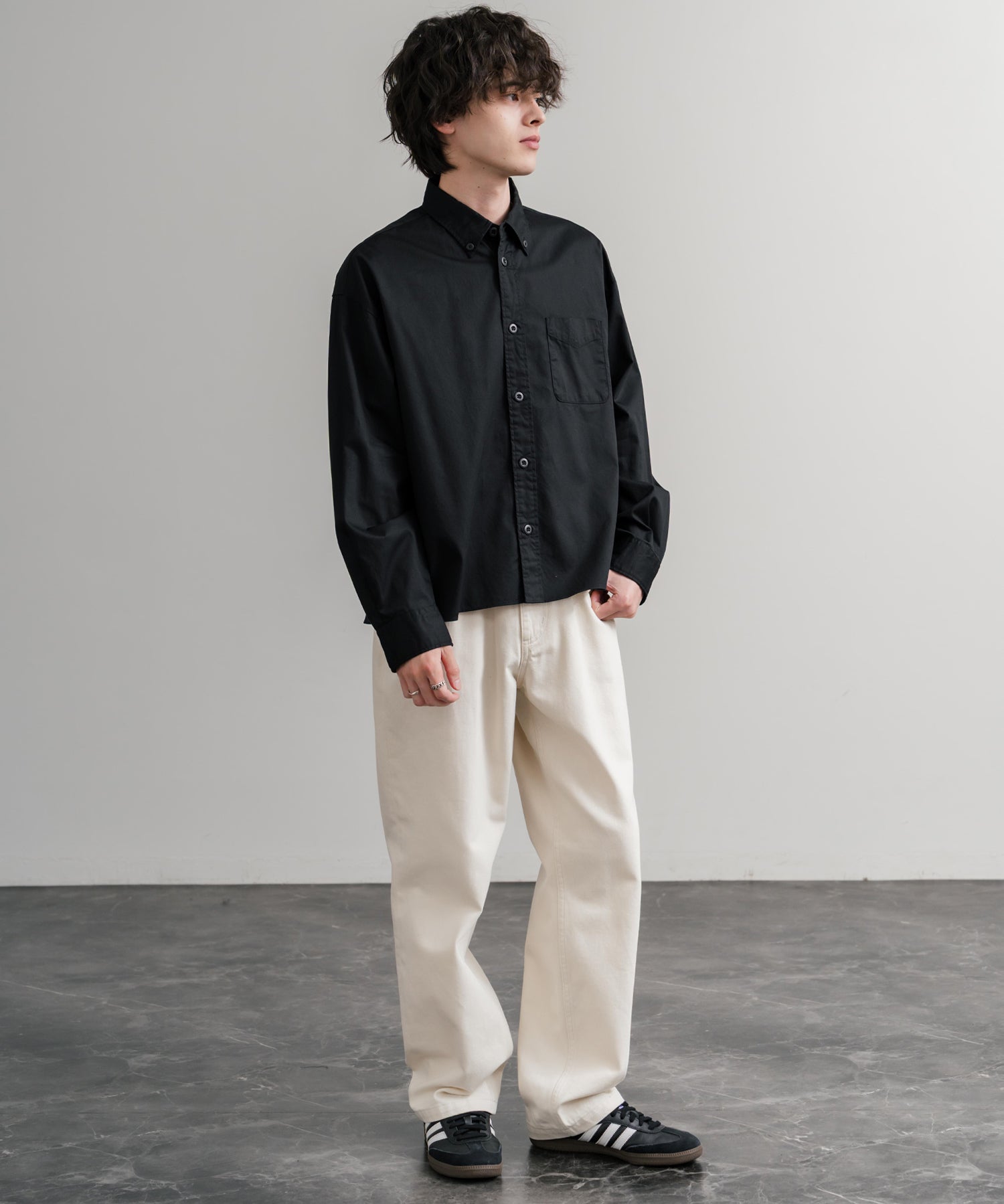 Upscape Audience 日本製/国産遠州7オンスチノクロスボタンダウンボクシークロップド長袖シャツ AUD6666 14961