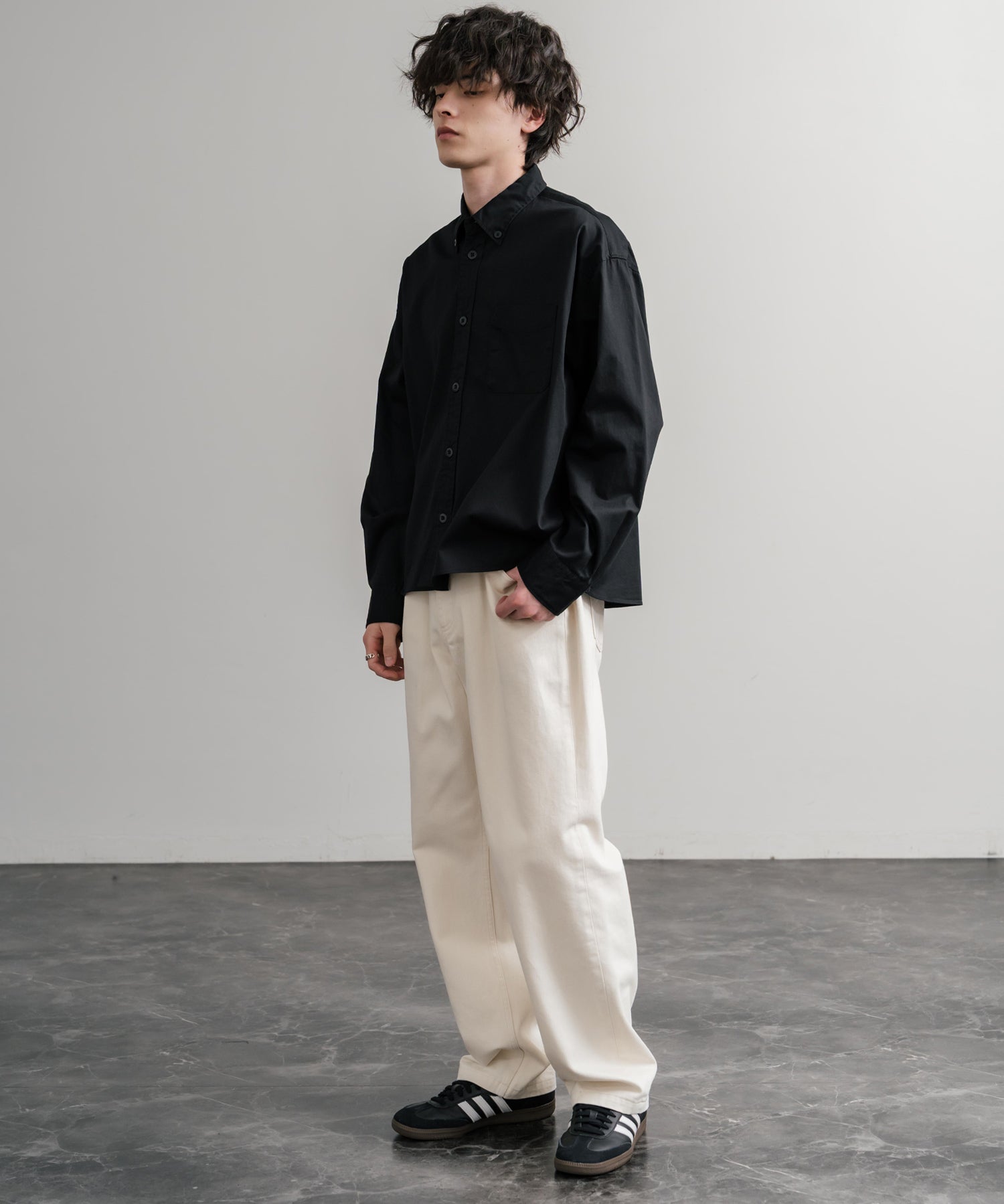 Upscape Audience 日本製/国産遠州7オンスチノクロスボタンダウンボクシークロップド長袖シャツ AUD6666 14961