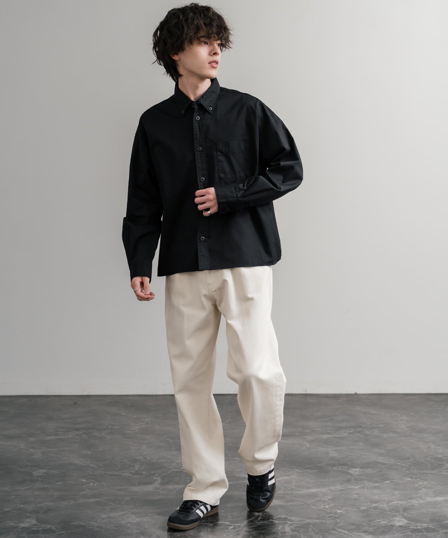 Upscape Audience 日本製/国産遠州7オンスチノクロスボタンダウンボクシークロップド長袖シャツ AUD6666 14961