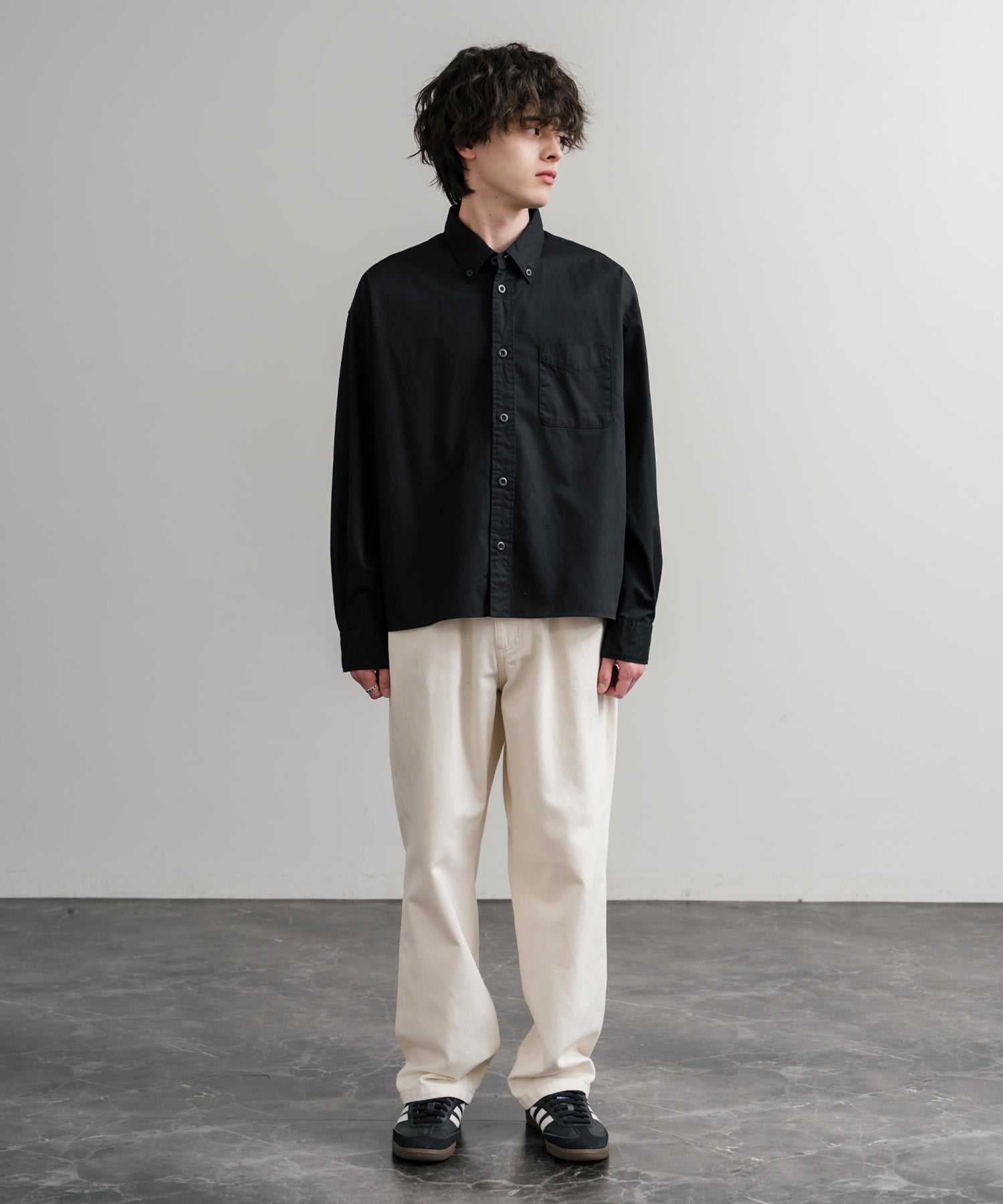 Upscape Audience 日本製/国産遠州7オンスチノクロスボタンダウンボクシークロップド長袖シャツ AUD6666 14961