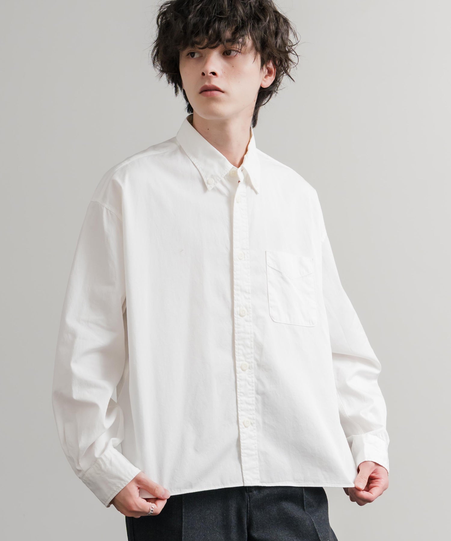 Upscape Audience 日本製/国産遠州7オンスチノクロスボタンダウンボクシークロップド長袖シャツ AUD6666 14961