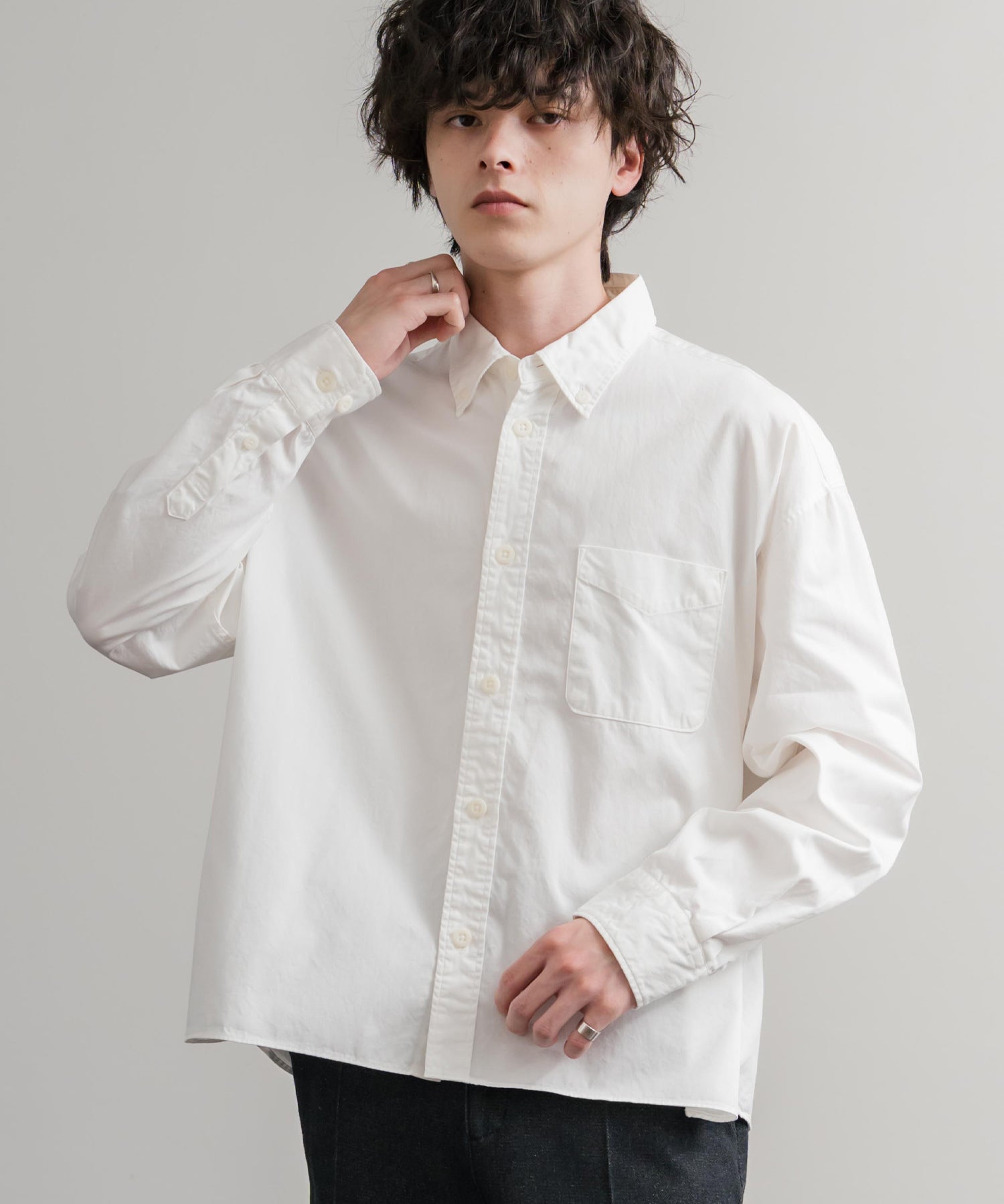 Upscape Audience 日本製/国産遠州7オンスチノクロスボタンダウンボクシークロップド長袖シャツ AUD6666 14961