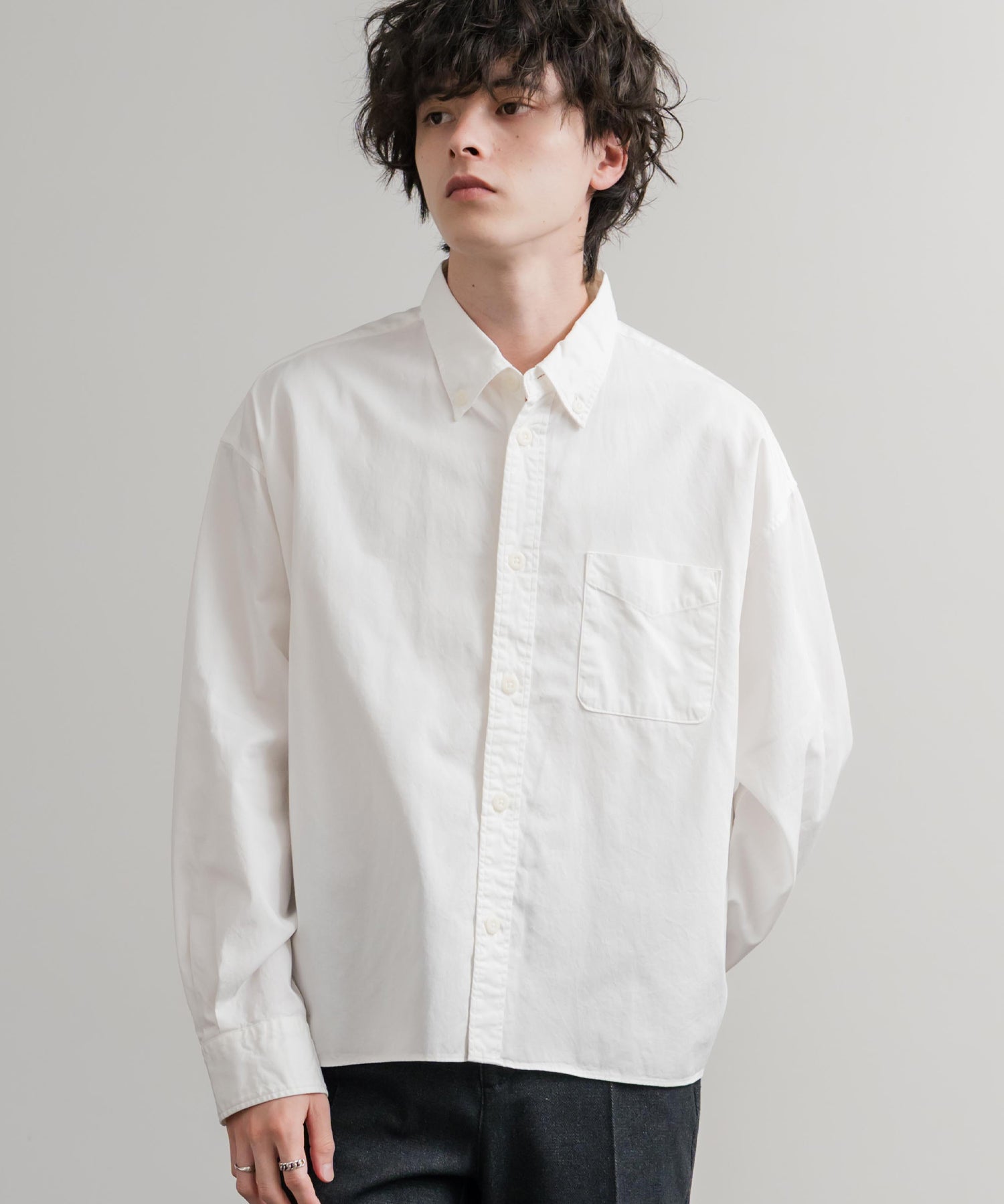 Upscape Audience 日本製/国産遠州7オンスチノクロスボタンダウンボクシークロップド長袖シャツ AUD6666 14961