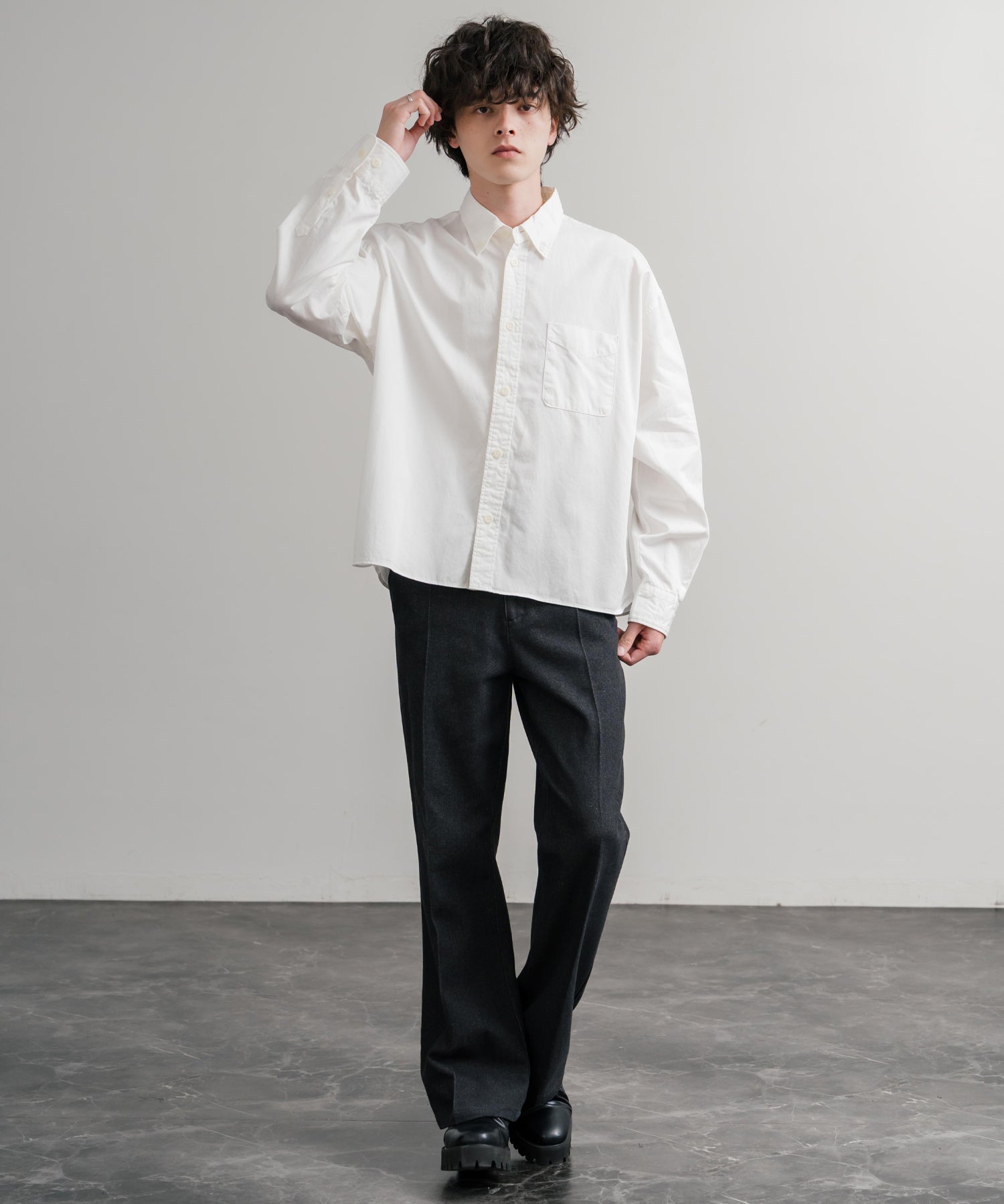 Upscape Audience 日本製/国産遠州7オンスチノクロスボタンダウンボクシークロップド長袖シャツ AUD6666 14961