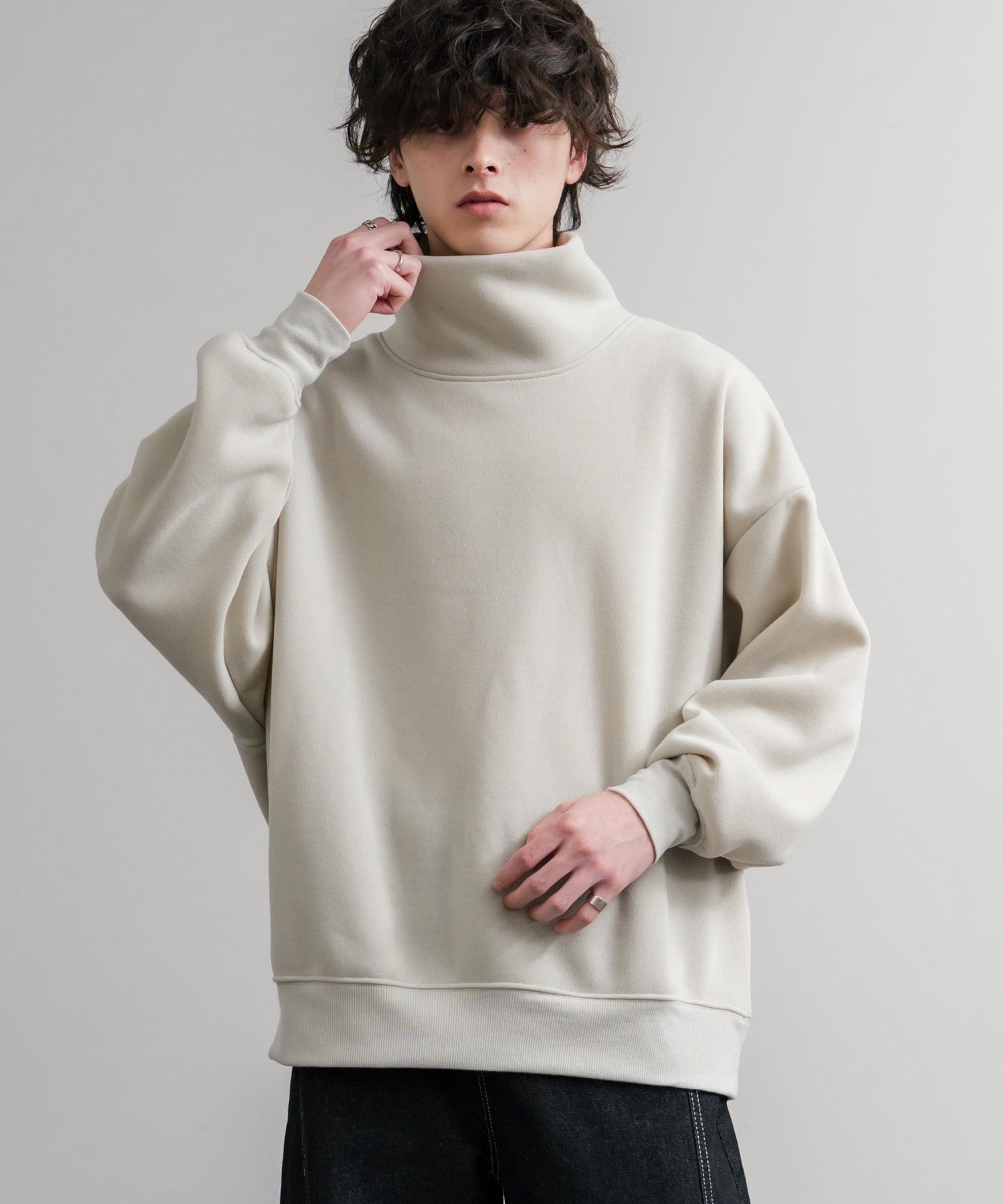 コットンタッチ裏起毛ドルマンスリーブハイネックトレーナースウェット 14983
