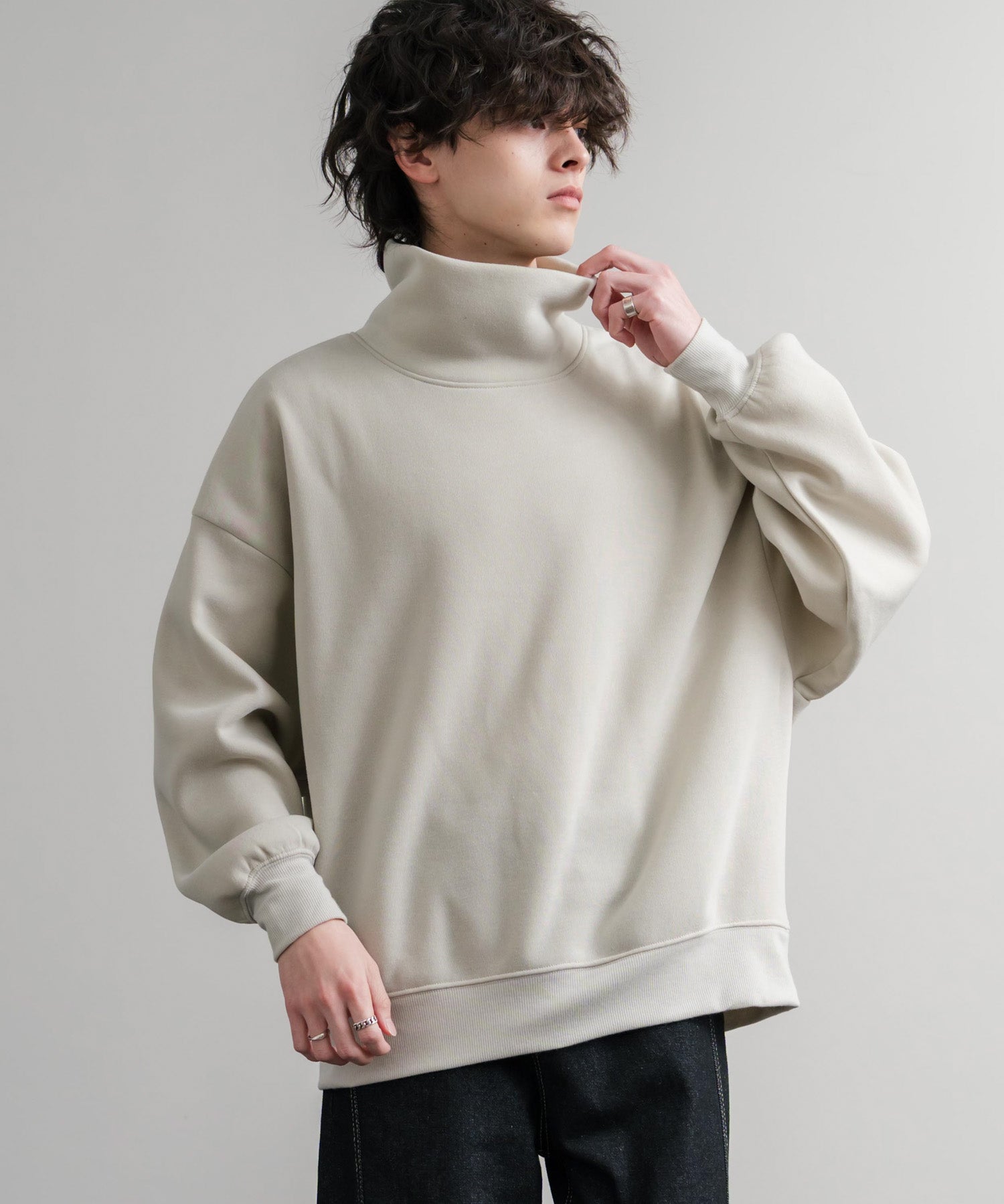 コットンタッチ裏起毛ドルマンスリーブハイネックトレーナースウェット 14983