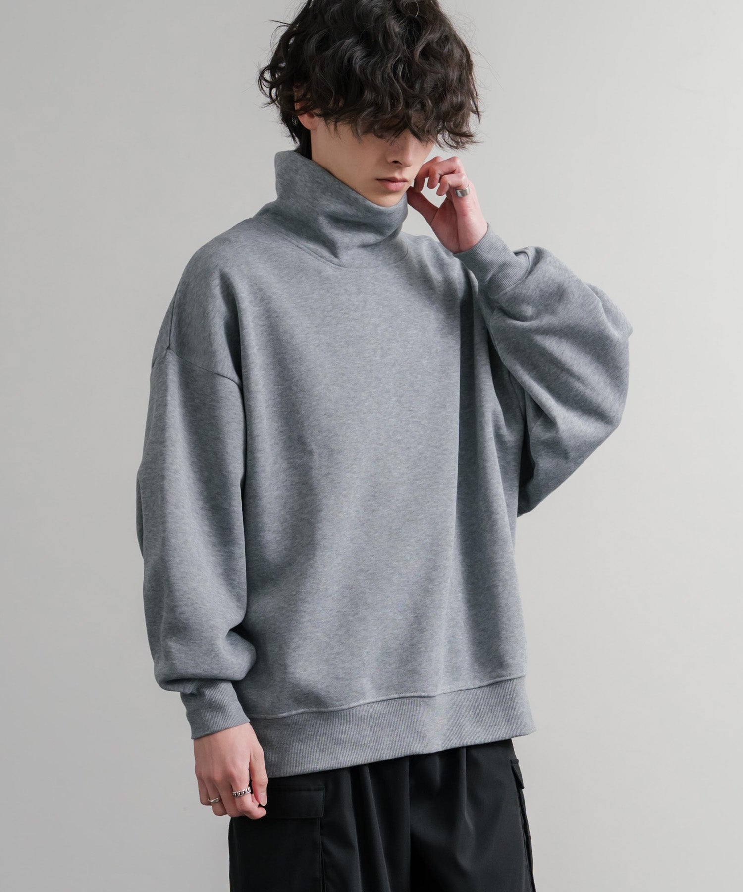 コットンタッチ裏起毛ドルマンスリーブハイネックトレーナースウェット 14983