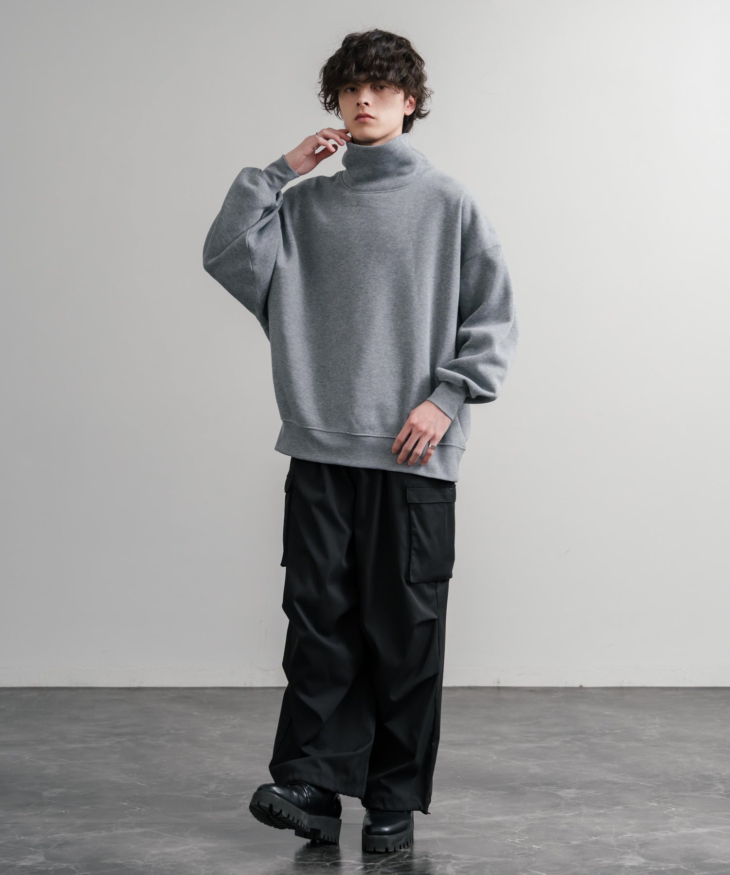 コットンタッチ裏起毛ドルマンスリーブハイネックトレーナースウェット 14983