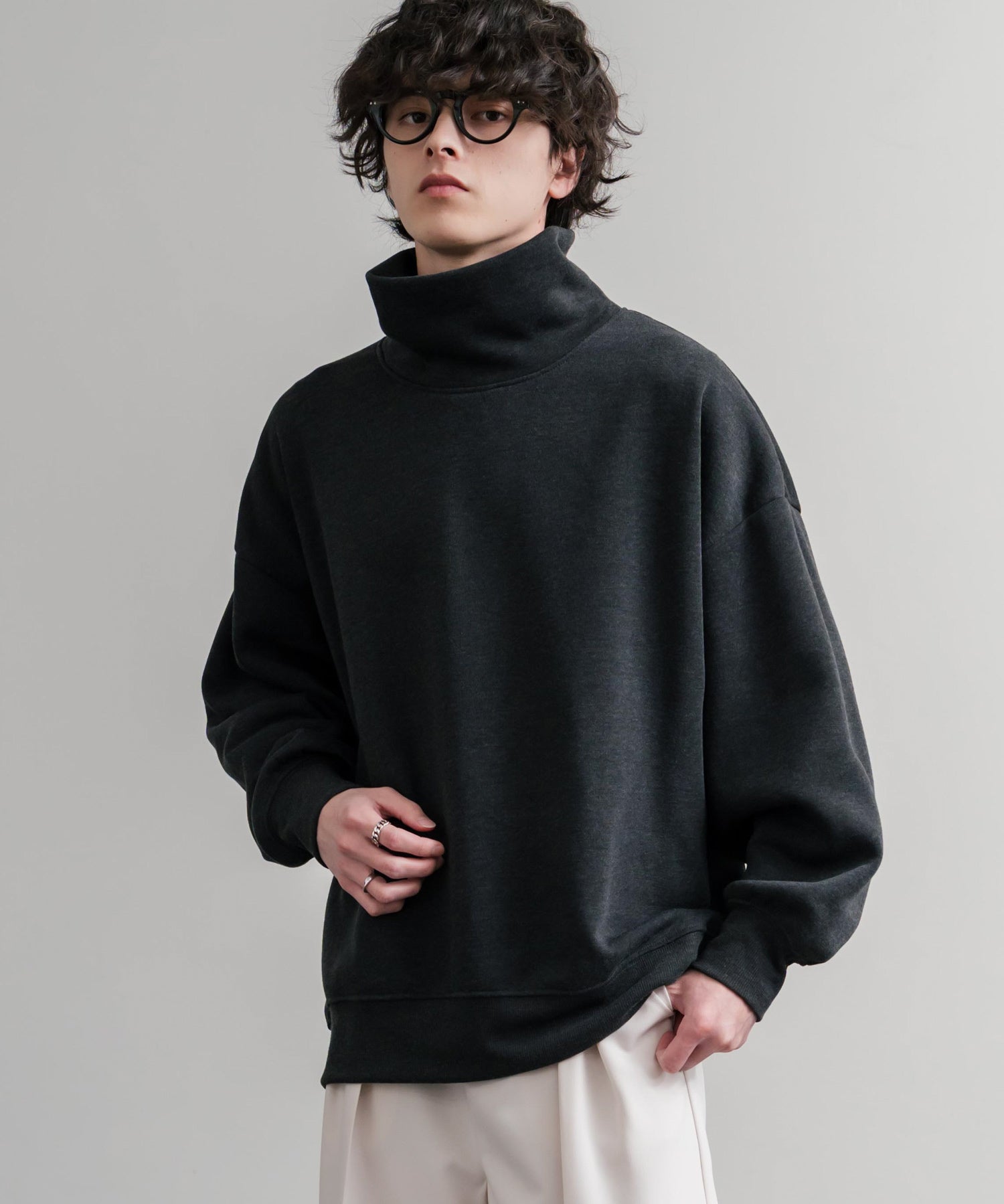コットンタッチ裏起毛ドルマンスリーブハイネックトレーナースウェット 14983