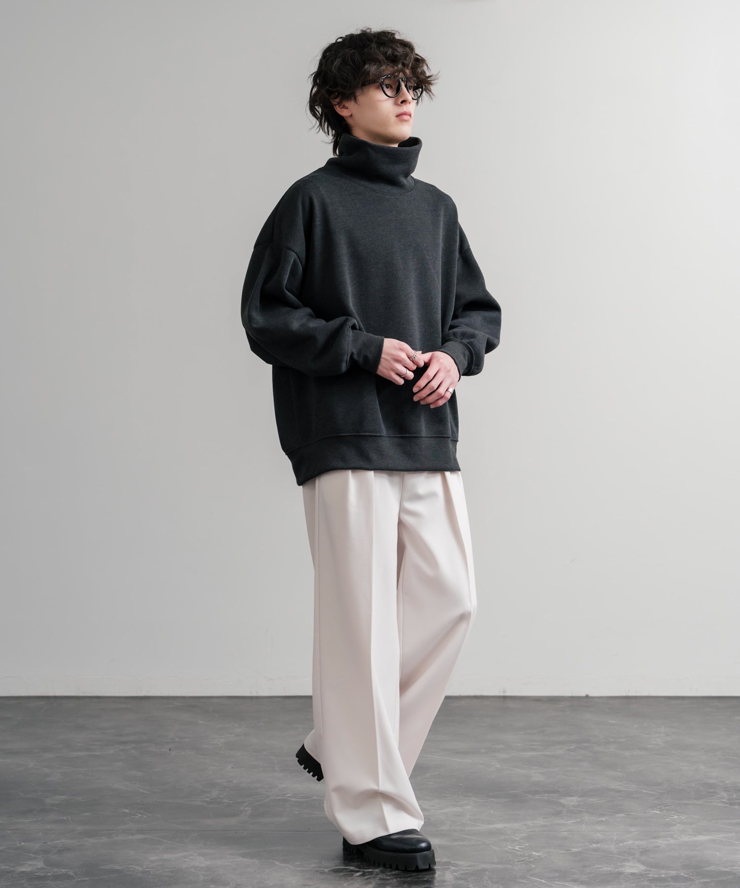 コットンタッチ裏起毛ドルマンスリーブハイネックトレーナースウェット 14983