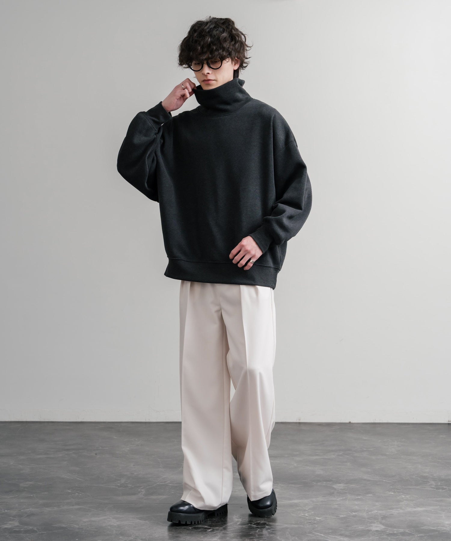 コットンタッチ裏起毛ドルマンスリーブハイネックトレーナースウェット 14983