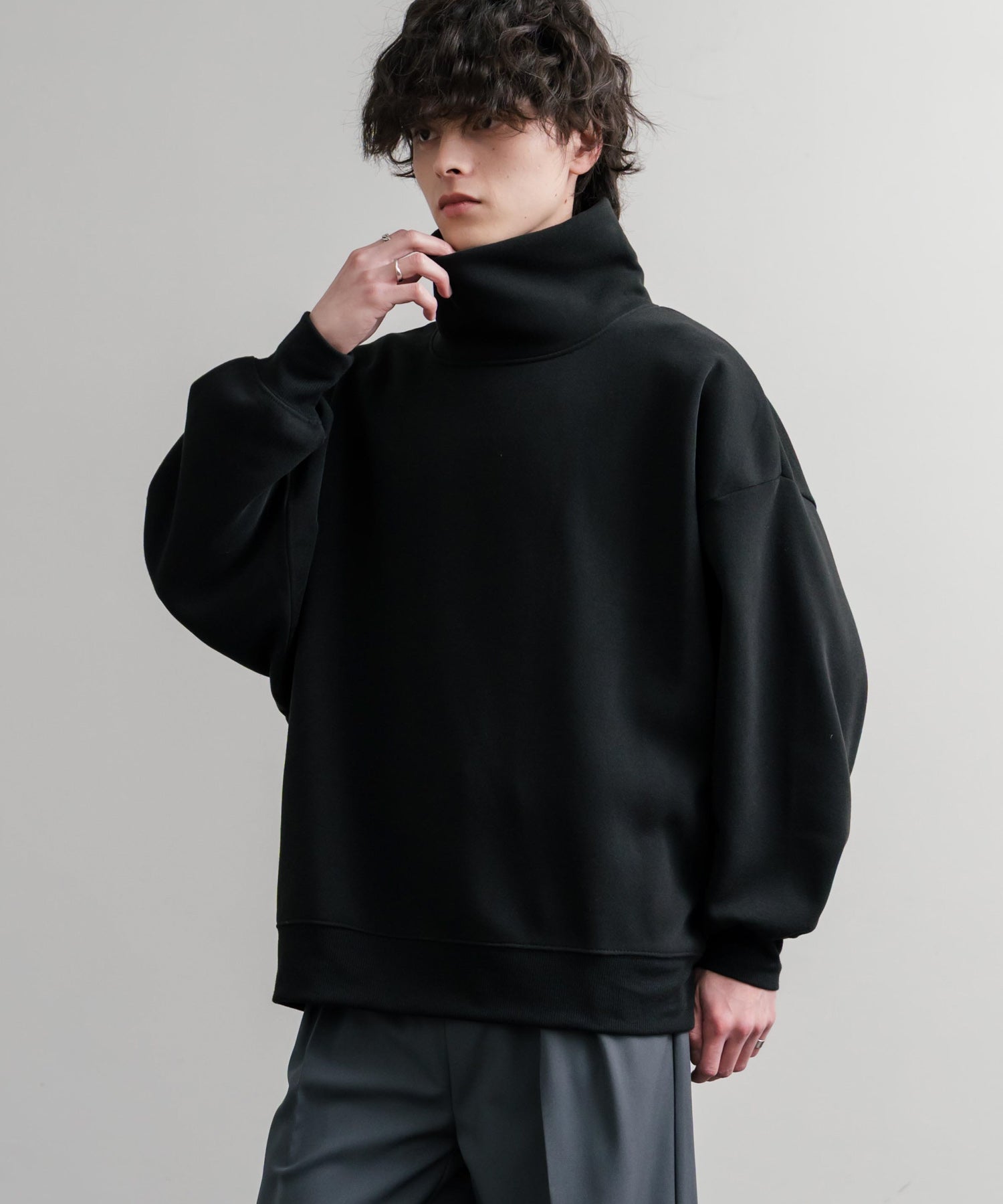 コットンタッチ裏起毛ドルマンスリーブハイネックトレーナースウェット 14983