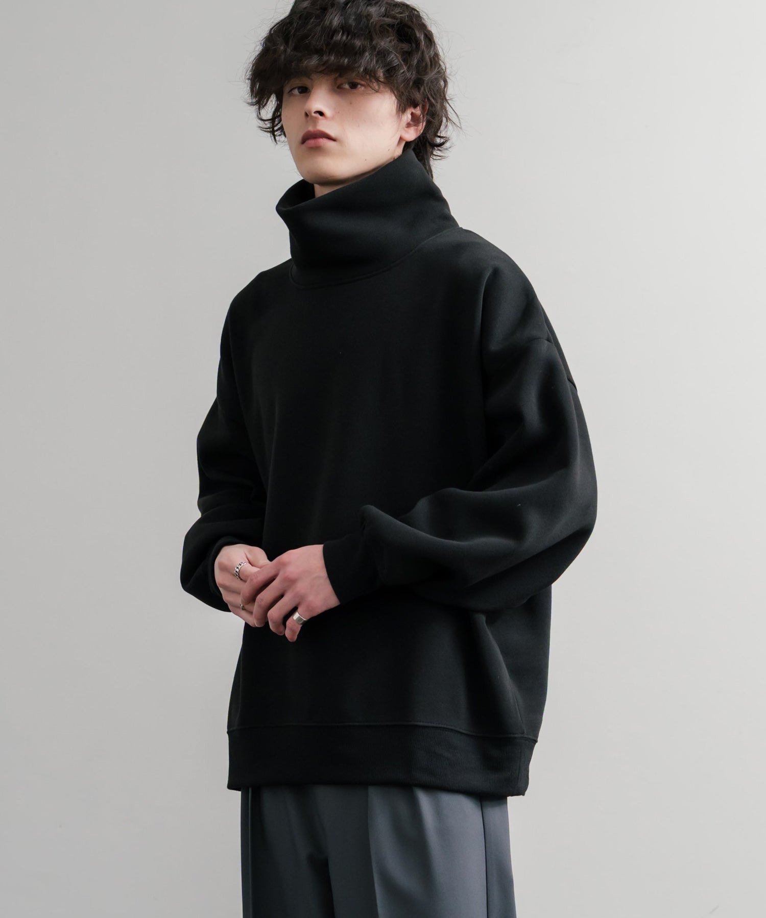 コットンタッチ裏起毛ドルマンスリーブハイネックトレーナースウェット 14983