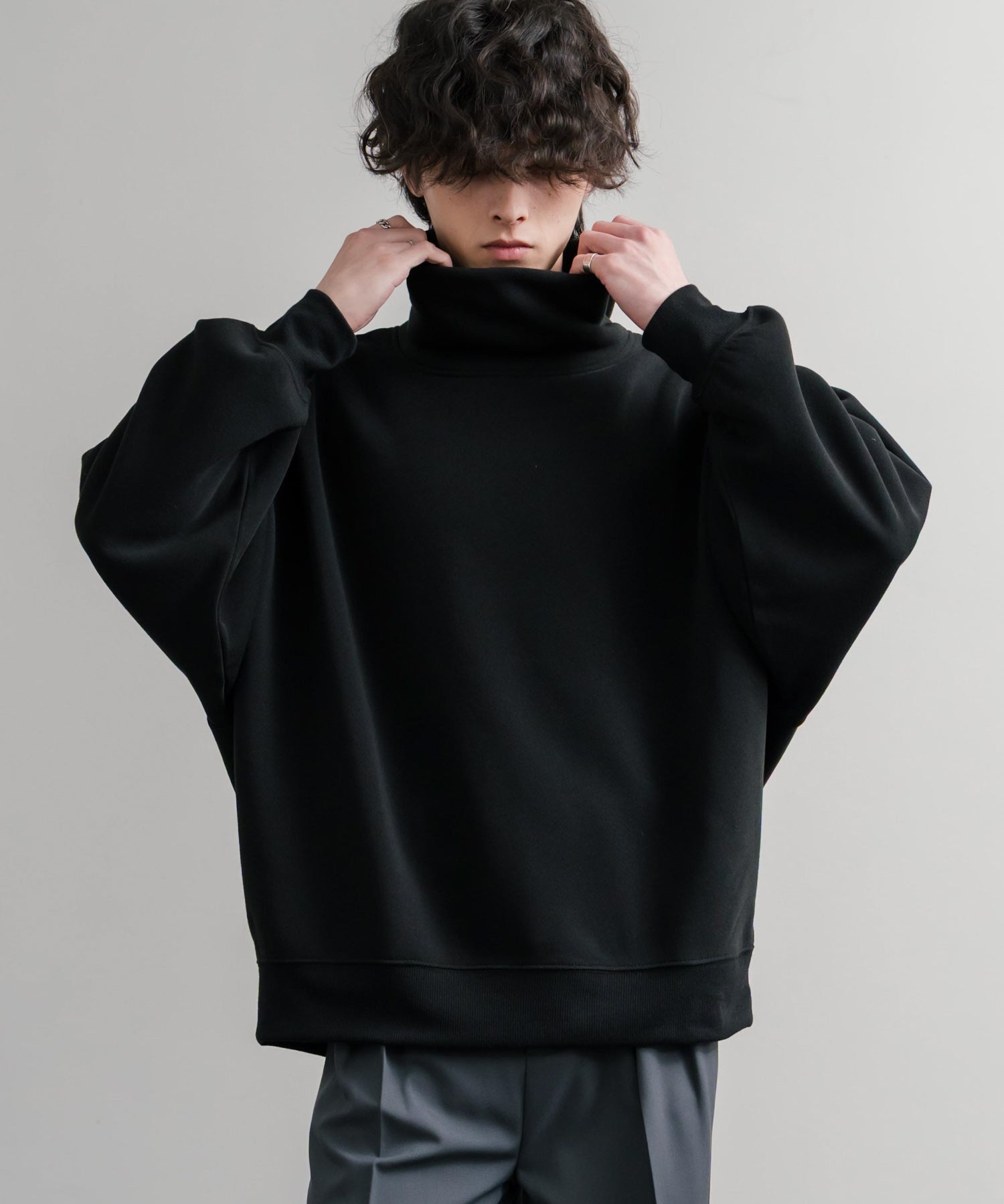 コットンタッチ裏起毛ドルマンスリーブハイネックトレーナースウェット 14983