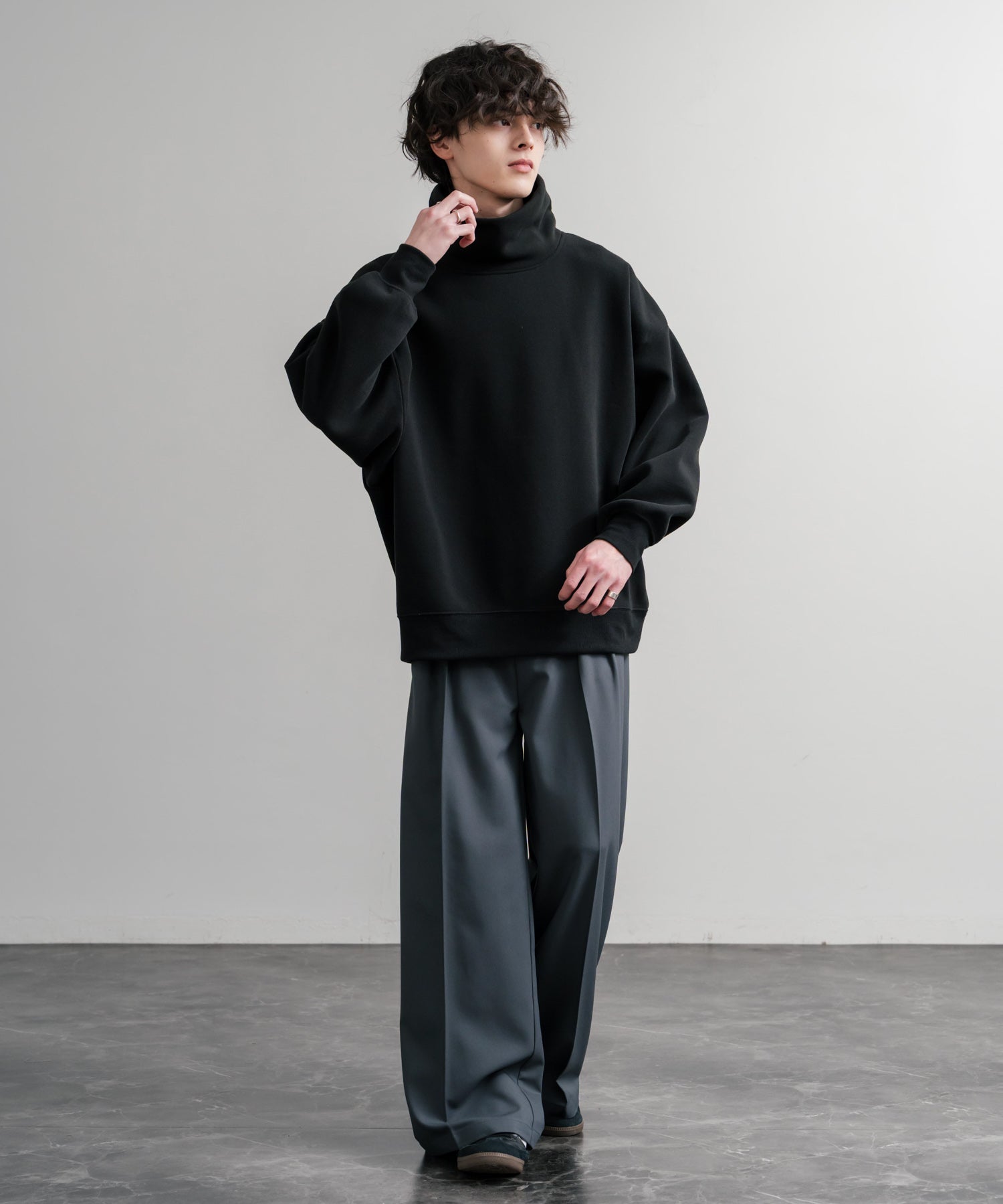 コットンタッチ裏起毛ドルマンスリーブハイネックトレーナースウェット 14983