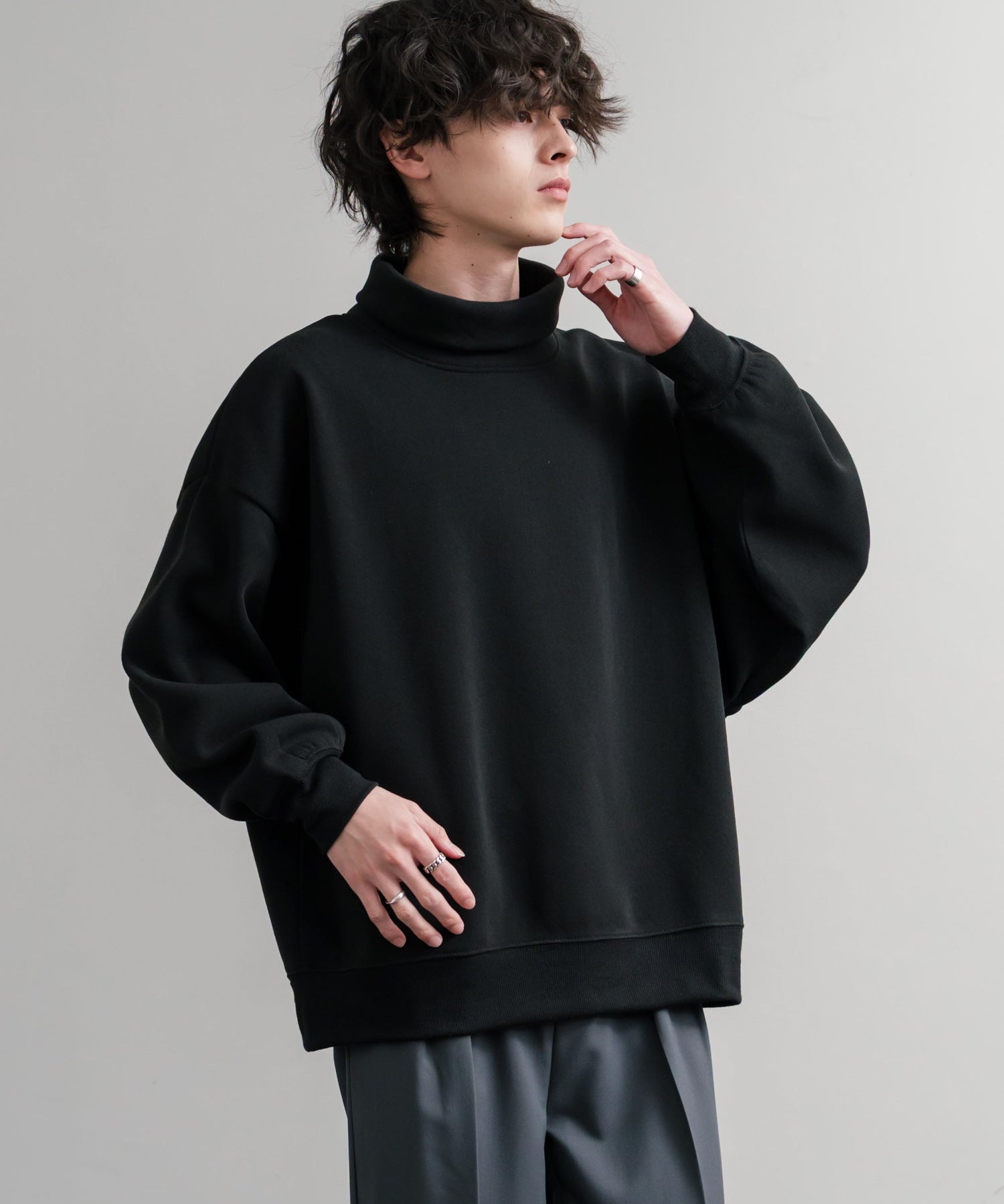 コットンタッチ裏起毛ドルマンスリーブハイネックトレーナースウェット 14983